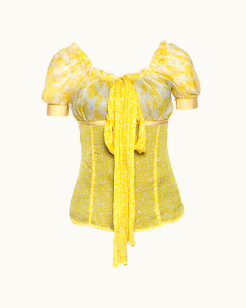 Dolce & Gabbana D&G Yellow Floral Print Sheer Silk Crepe Elasticized Neck Blouse