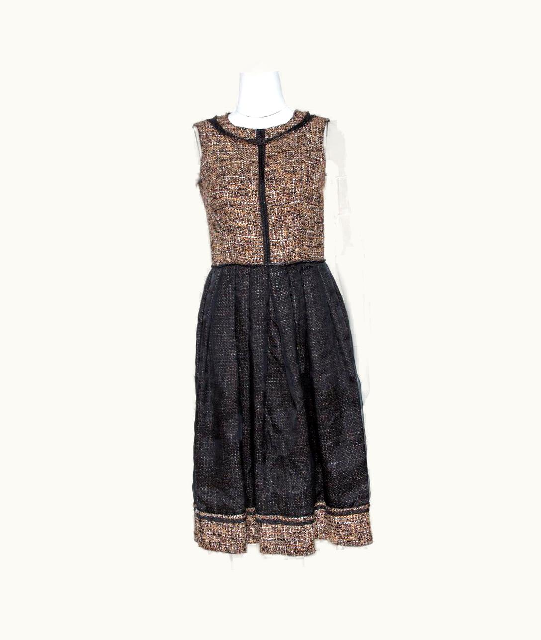 Dolce & Gabbana D&G Black And Brown Tweed Silk Overlay Flared Dress