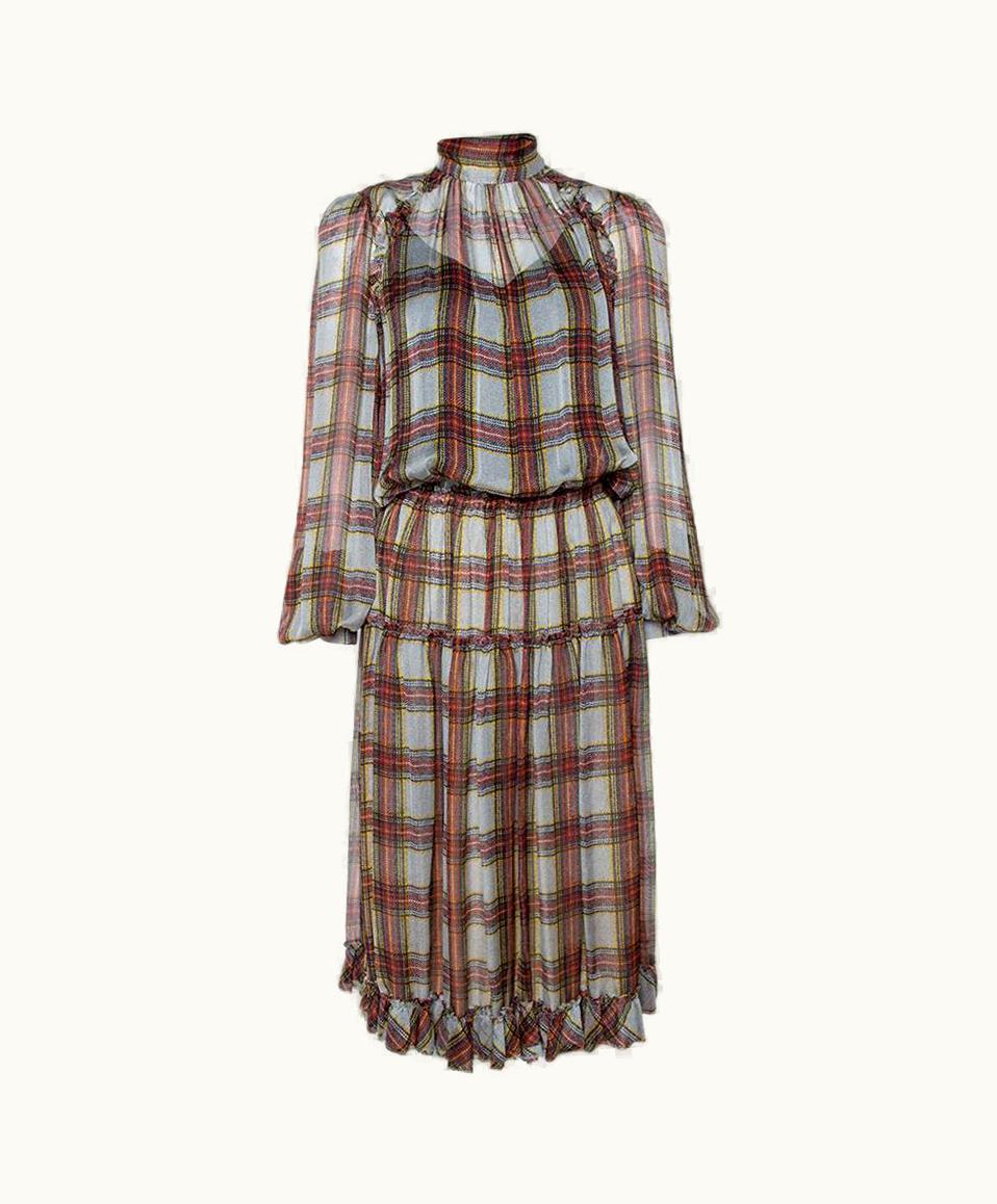 Dolce & Gabbana D&G Grey Plaid Print Silk Ruffled Midi Dress