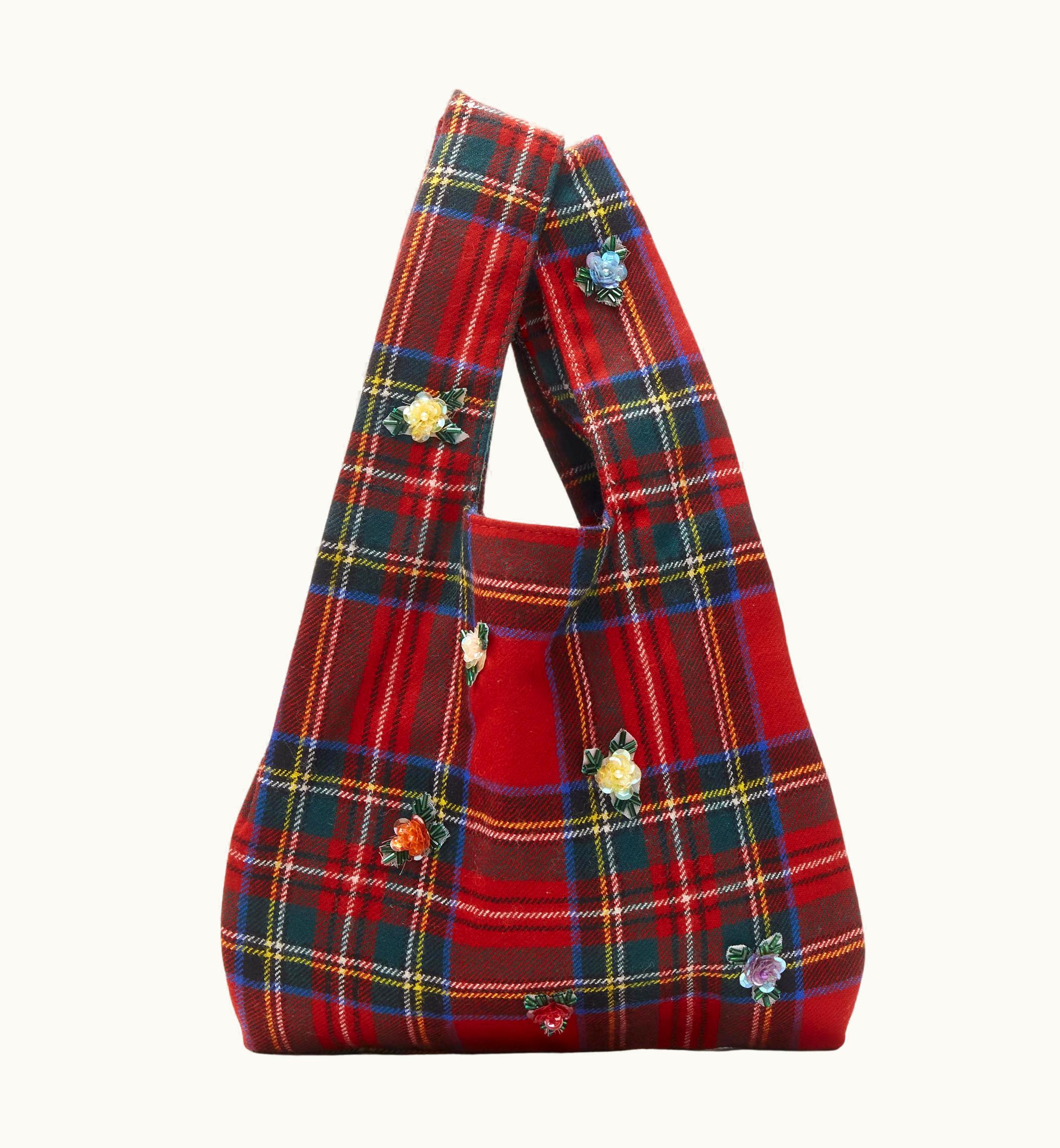 Dolce & Gabbana D&G Dolce Gabbana Vintage Red Plaid Tartan Floral Bead Embellished Tote Bag
