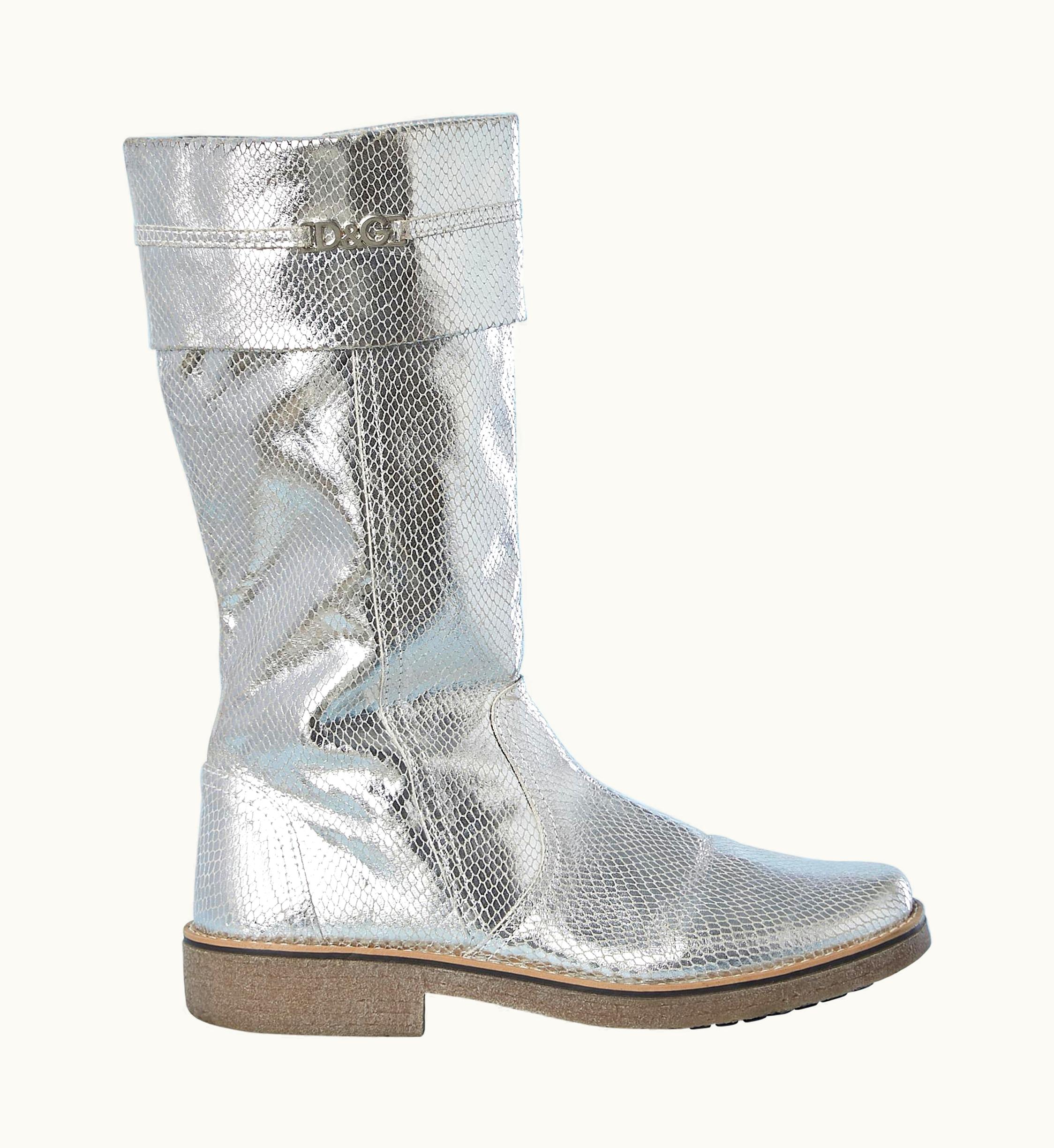 Dolce & Gabbana Silver Leather Boots With Python Patent And Crêpe Sole D&G Junior Dolce&Gabbana