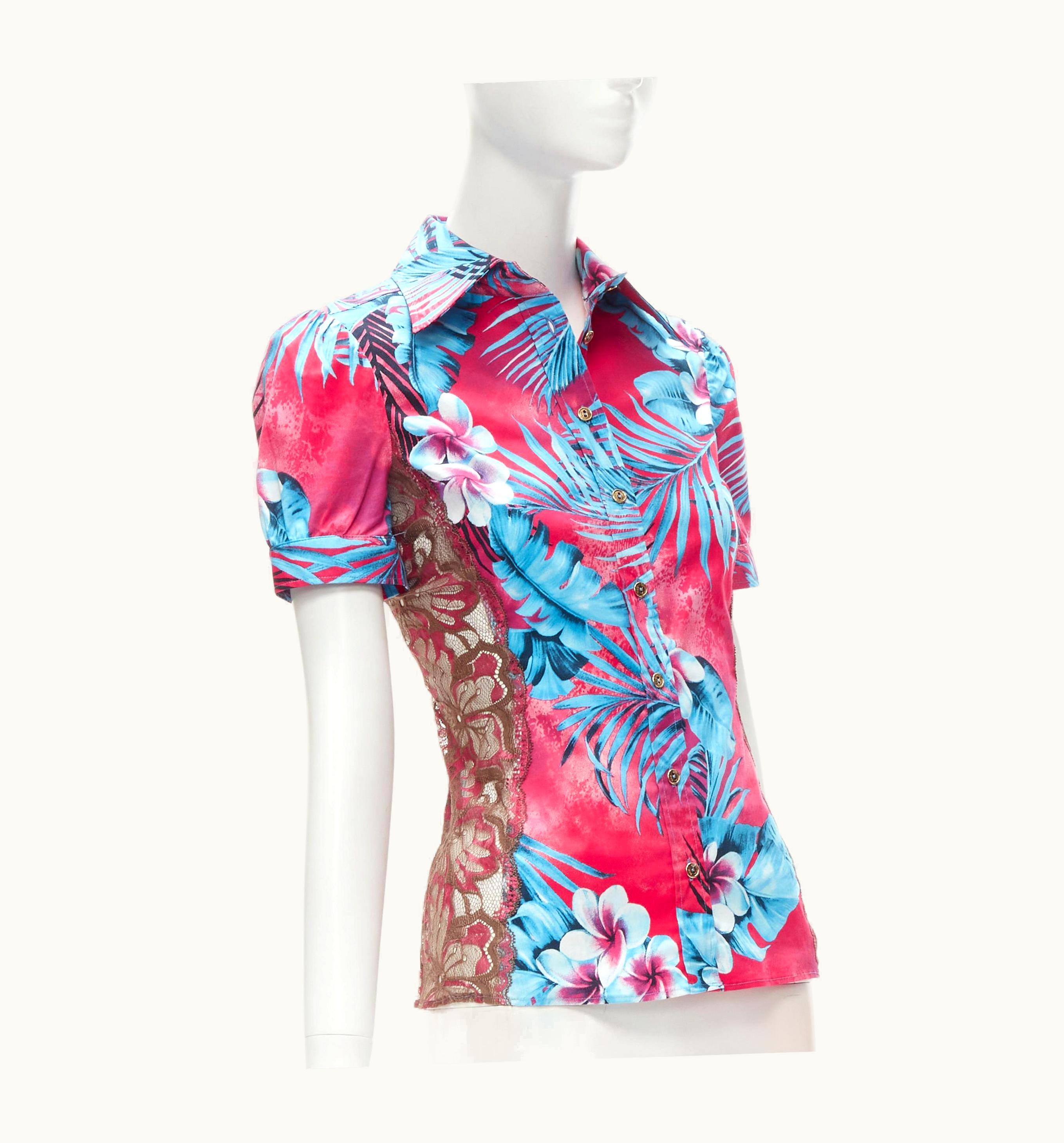 Dolce & Gabbana Rare D&G Dolce Gabbana Vintage Blue Pink Sheer Lace Panel Side Hawaiian Shirt