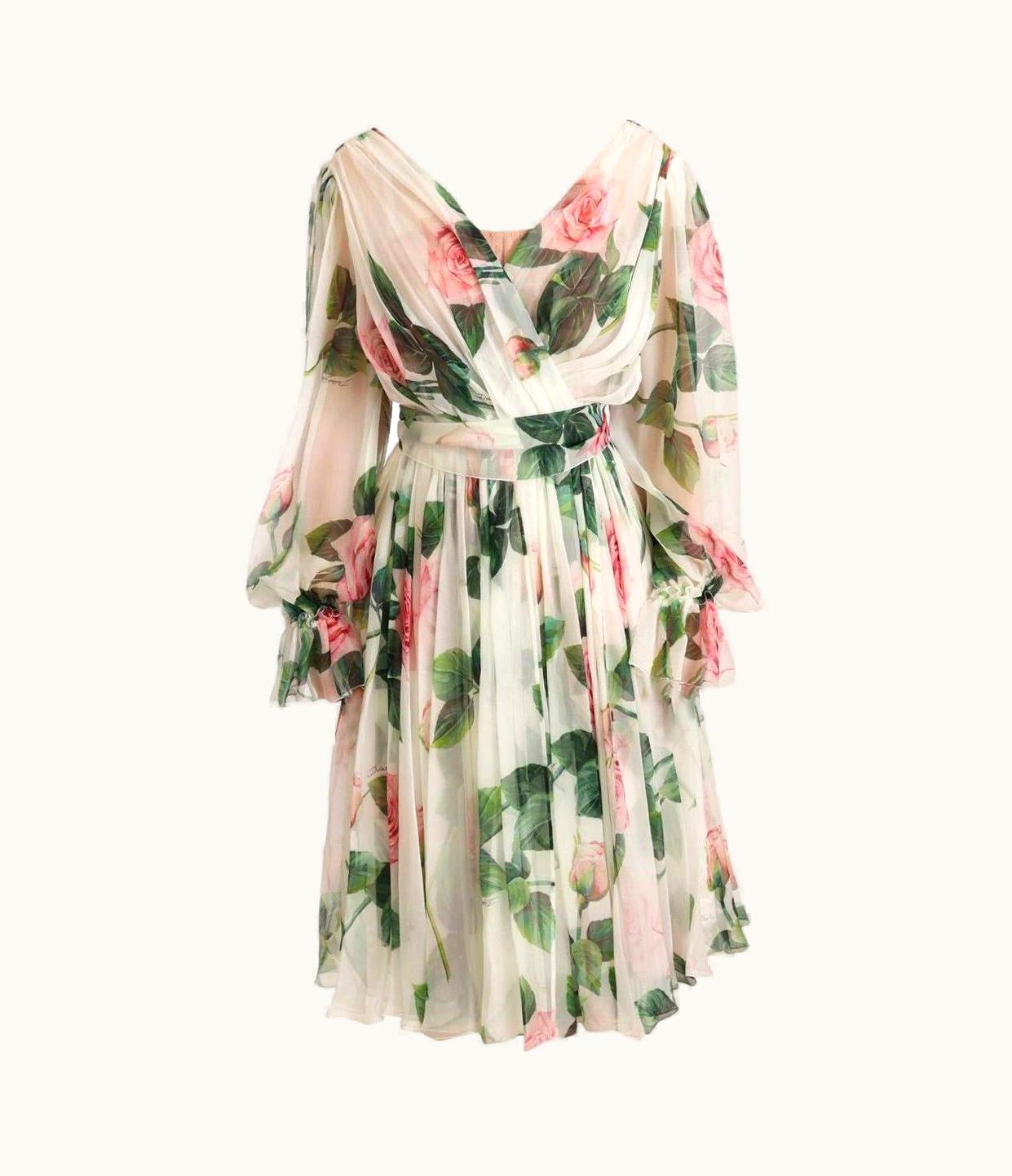 Dolce & Gabbana Dolce & Gabbana Multicolor White Red Silk Rose Mid-Length Dress Chiffon V-neck