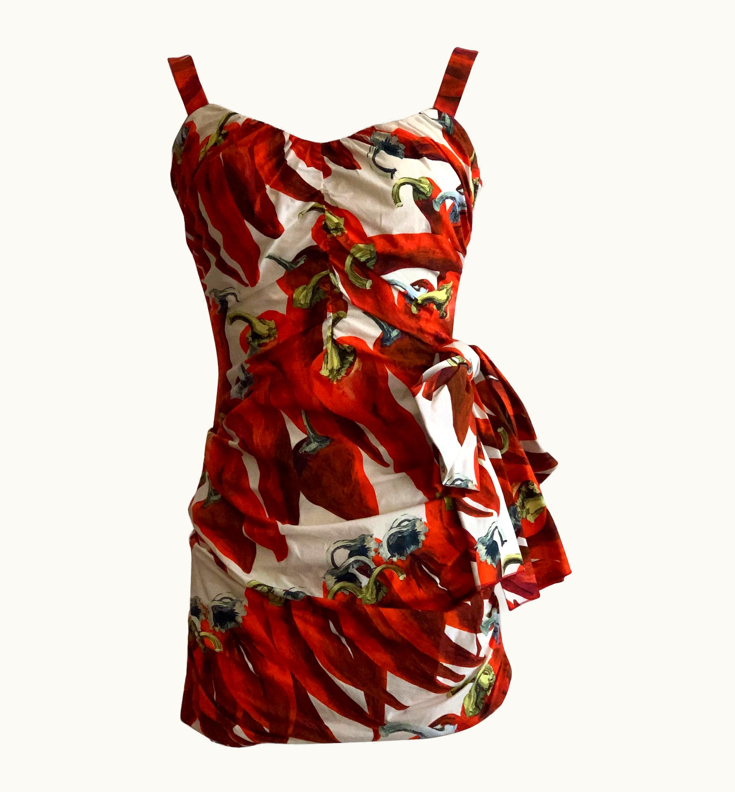 Dolce & Gabbana Dolce & Gabbana Runway Red Chili Pepper Print Ruched Mini Dress With Bow Accent UZ0610232