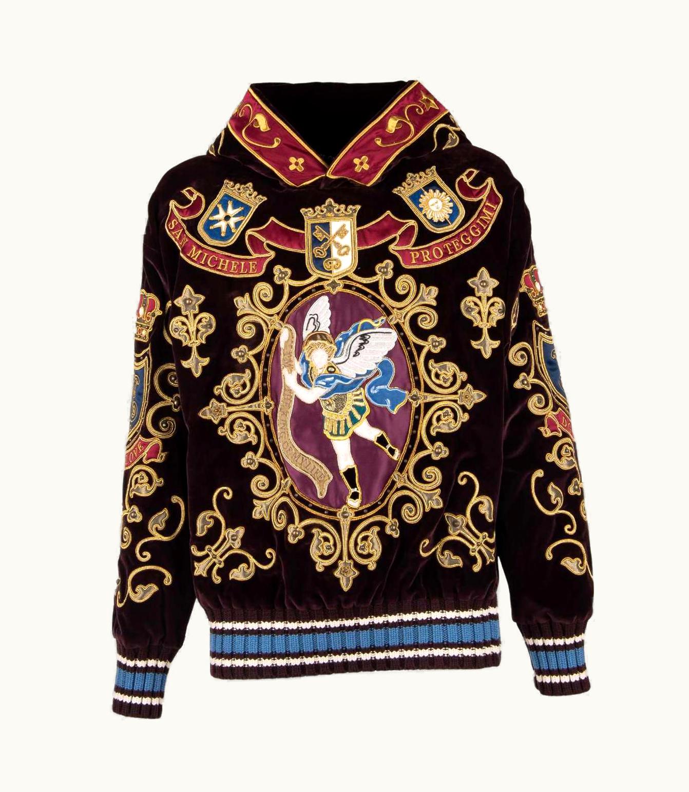 Dolce & Gabbana D&G Velvet Hoody Sweater With San Michele Crown King Embroidery Bordeaux Gold UZ0610247