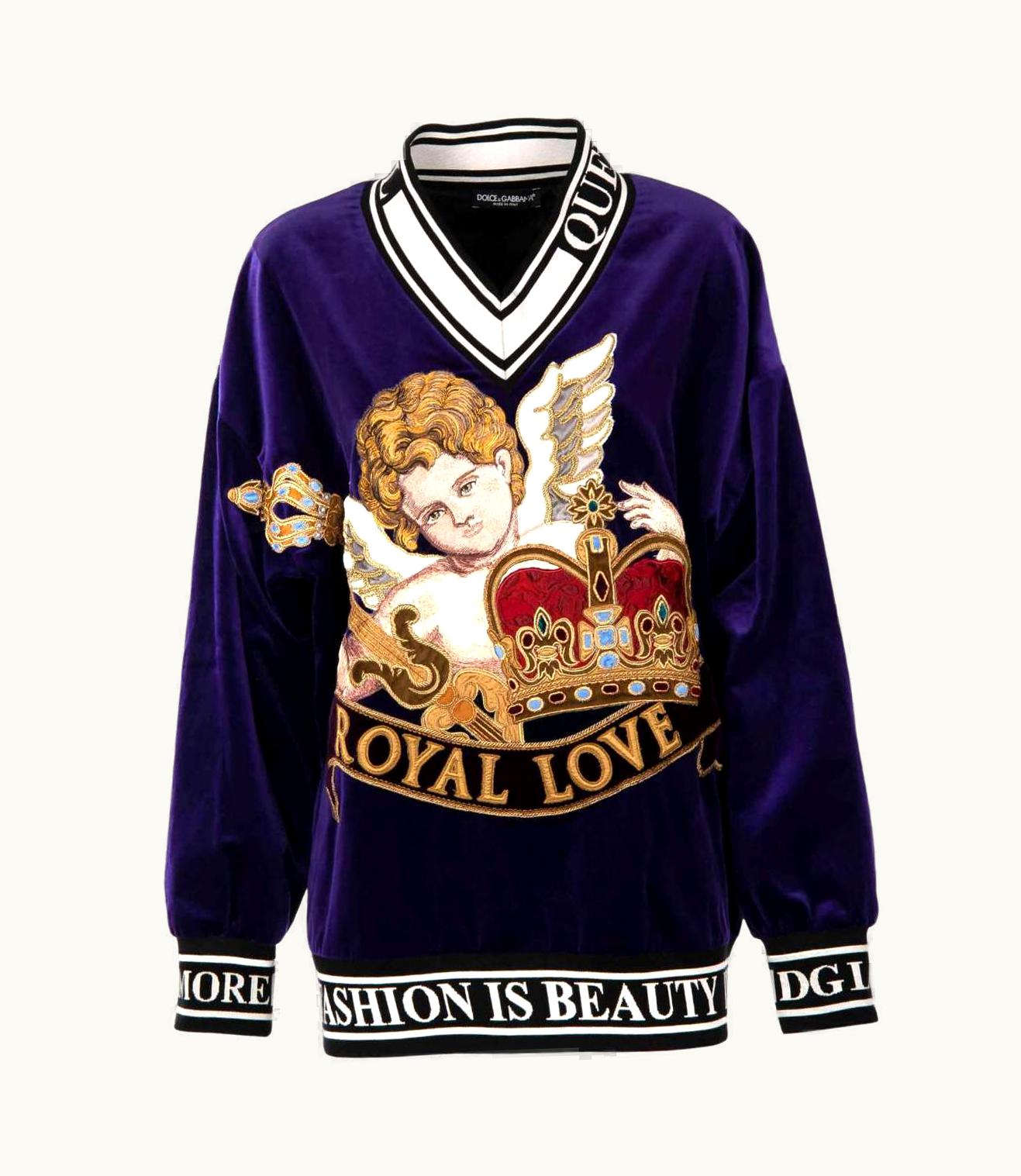 Dolce & Gabbana D&G Velvet Oversize Sweater With Angel Crown Embroidery Royal Love Purple It