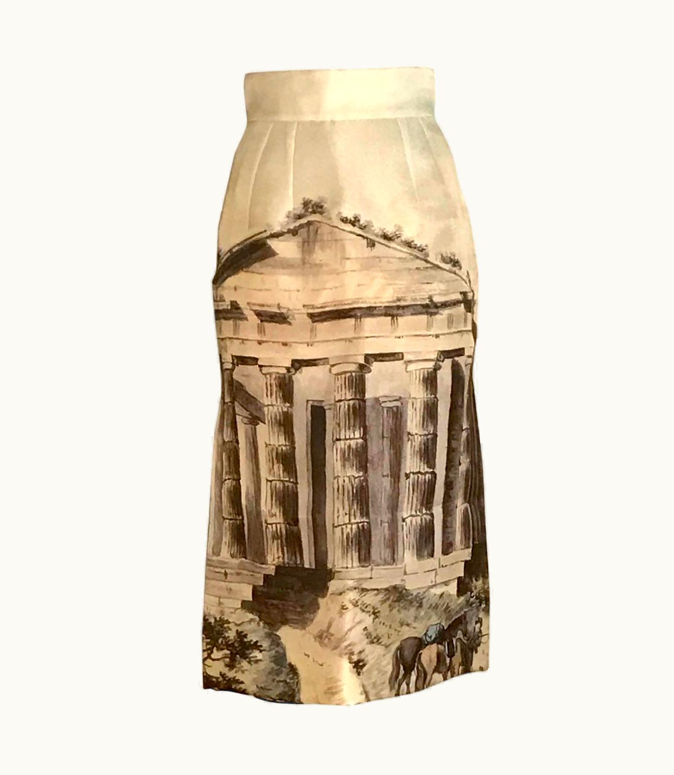 Dolce & Gabbana Dolce & Gabbana Cream Silk Greek Ruins Temple Column Pencil Skirt 2014