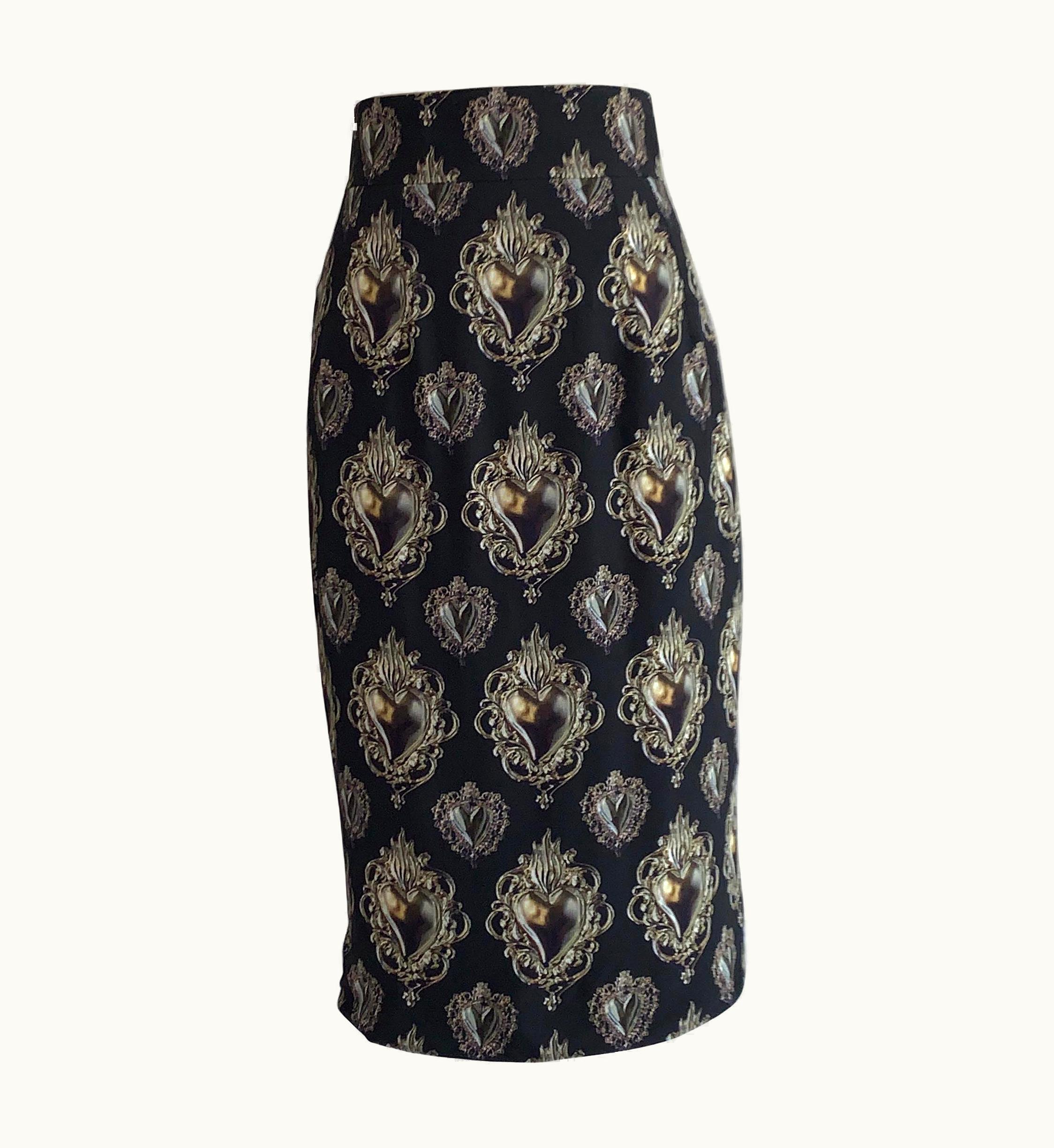 Dolce & Gabbana 2015 Dolce & Gabbana Sacred Heart Print Pencil Skirt In Black And Gold