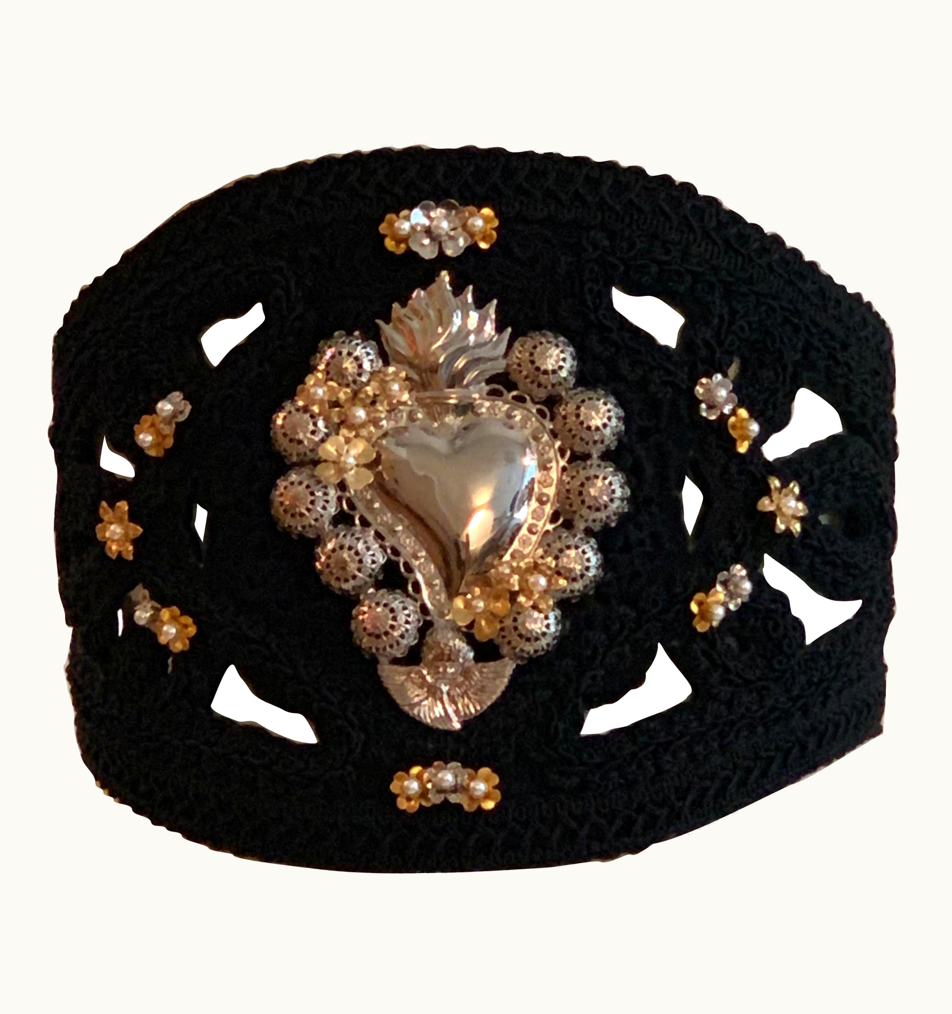 Dolce & Gabbana Dolce & Gabbana Runway Sacred Heart Embellished Black Suede Passamenterie Belt
