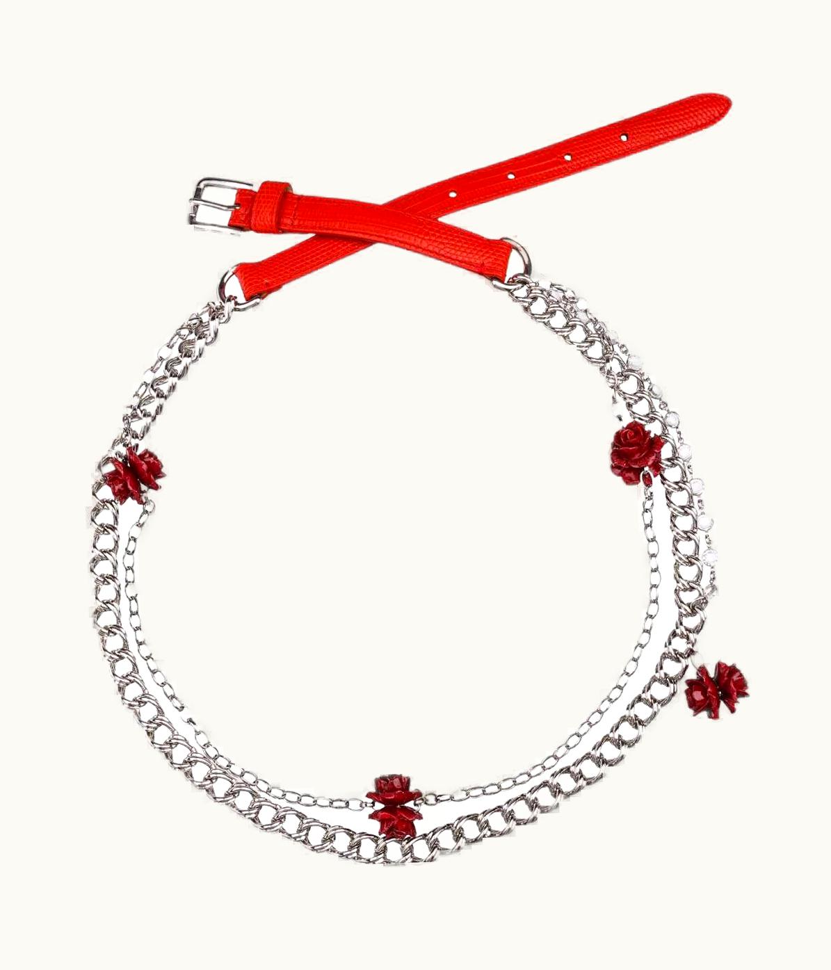 Dolce & Gabbana Dolce & Gabbana Rose Roses Lizzard Structure Leather Chain Belt Red Silver