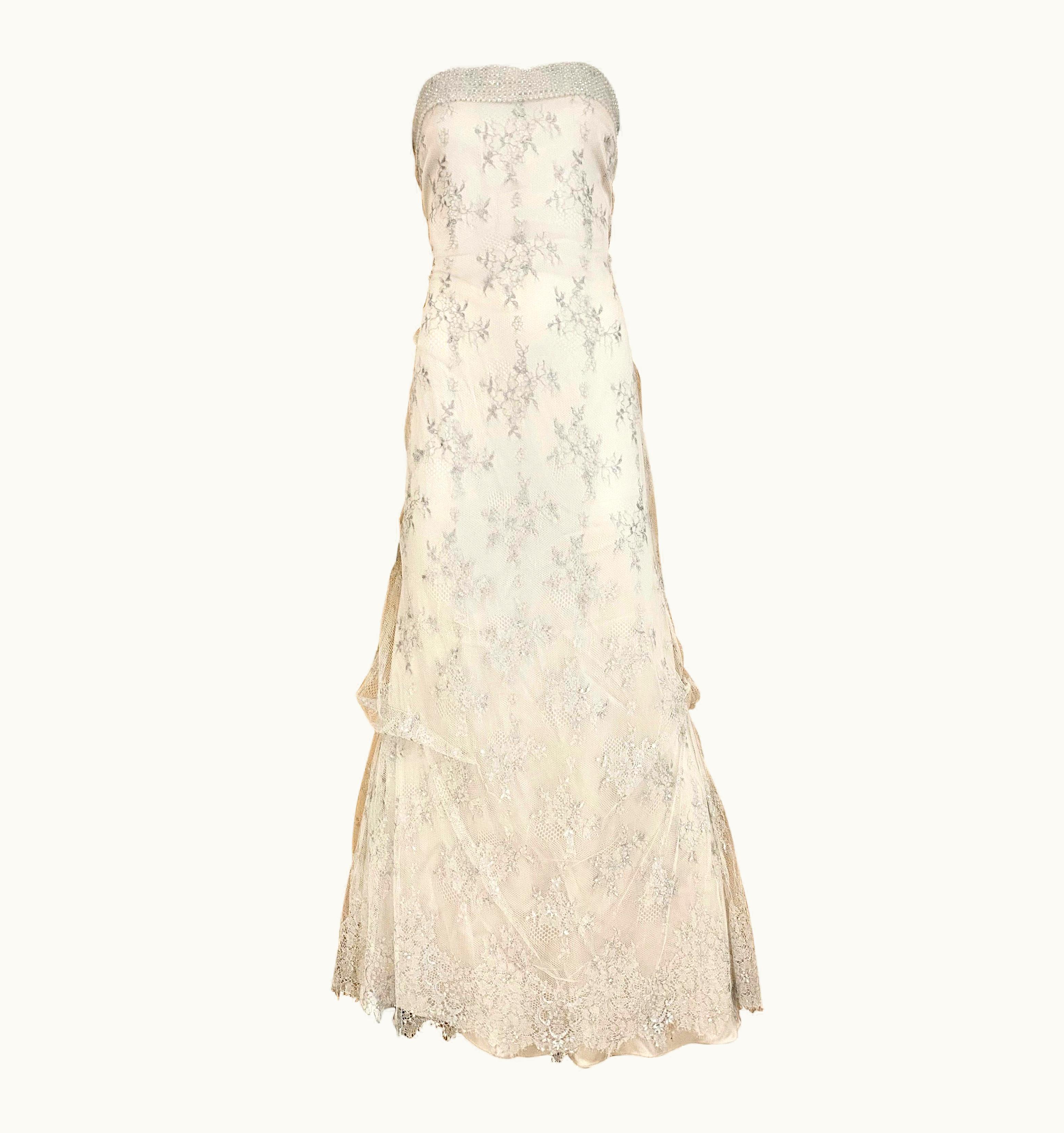 Giorgio Armani Strapless White And Silver Lace Gown