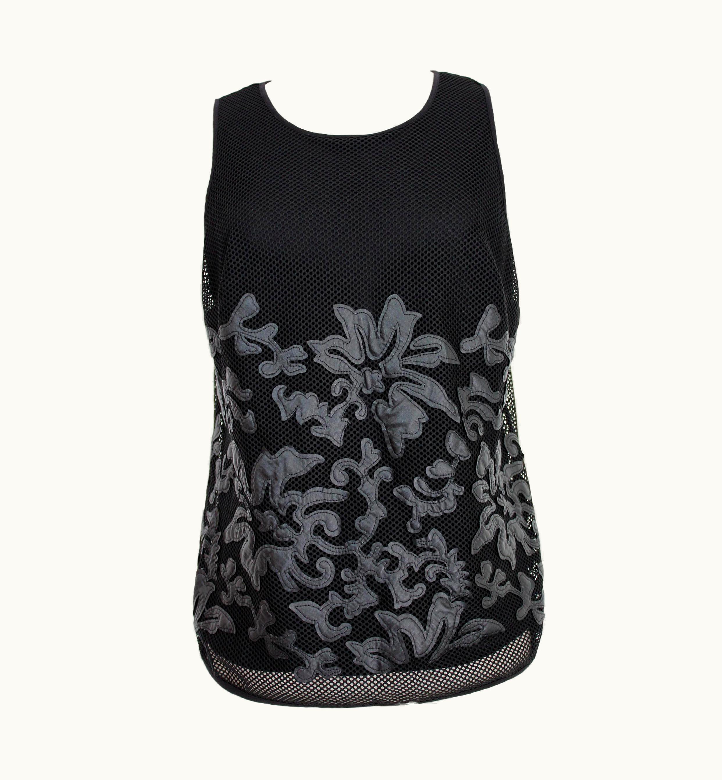 Armani Jeans Black Leather Floral Mesh Sleeveless Shirt