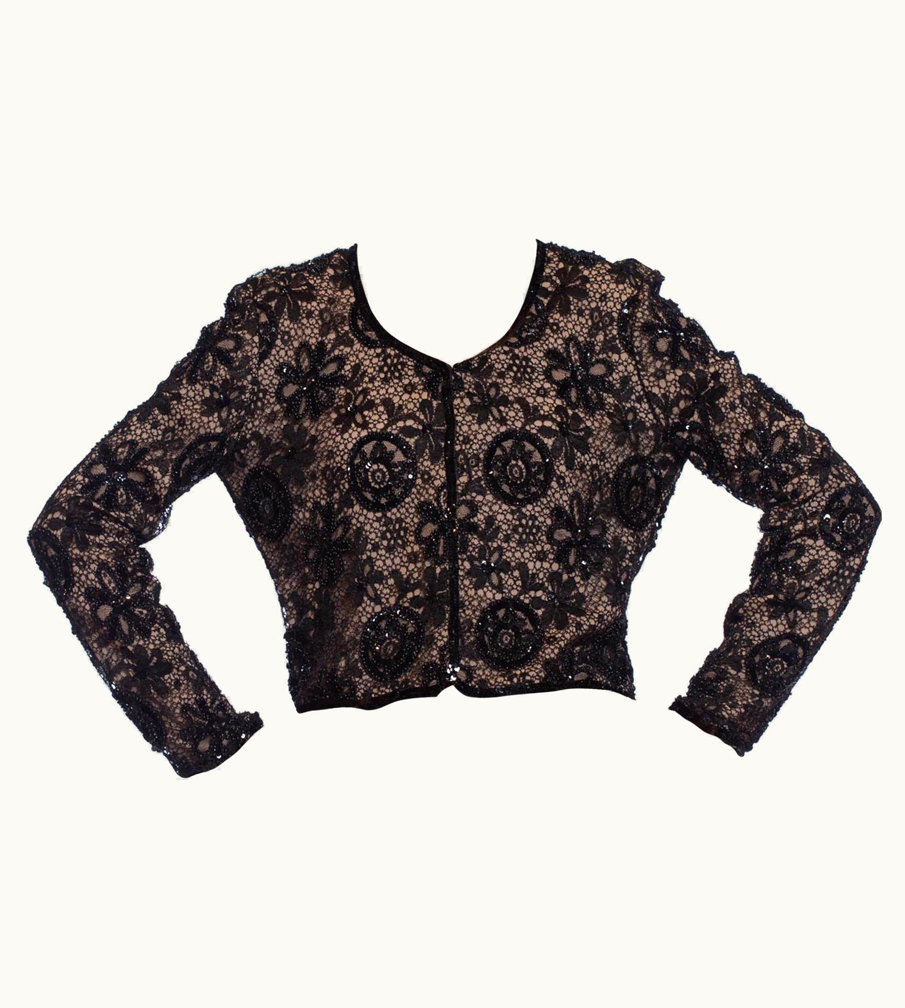 1990s Armani Black Lace & Silk Chiffon Beaded Dinner Jacket