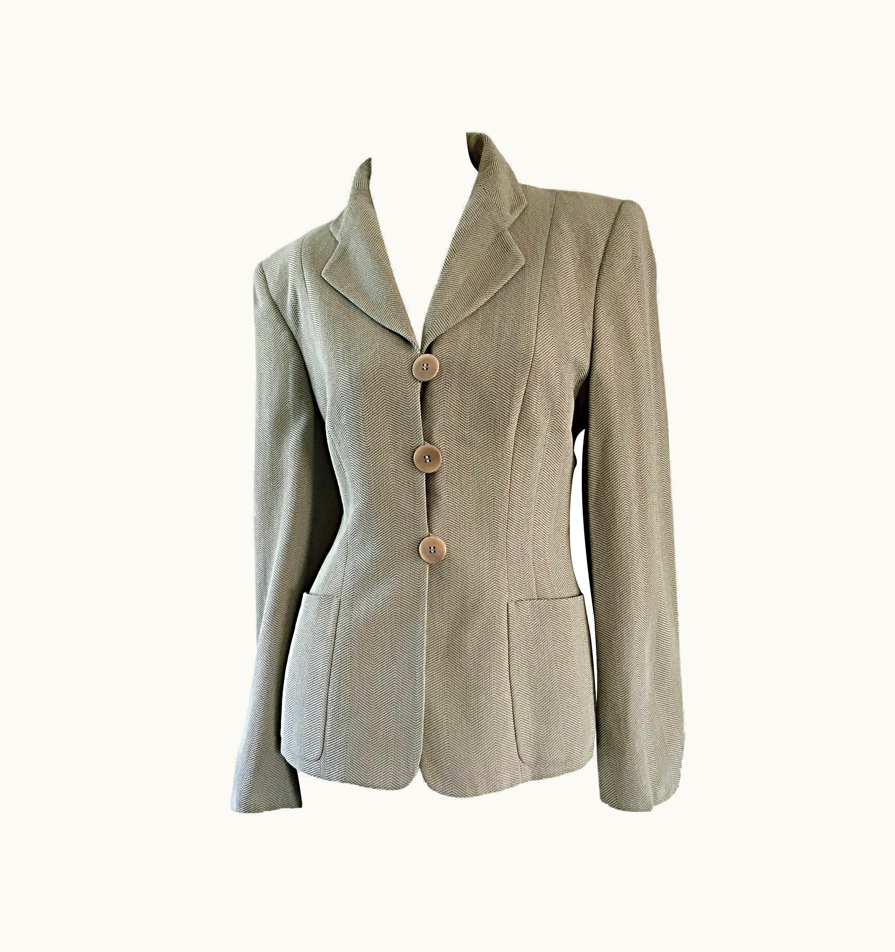 Giorgio Armani 1990s 90s Vintage Khaki S/S Light Green Herringbone Blazer Jacket