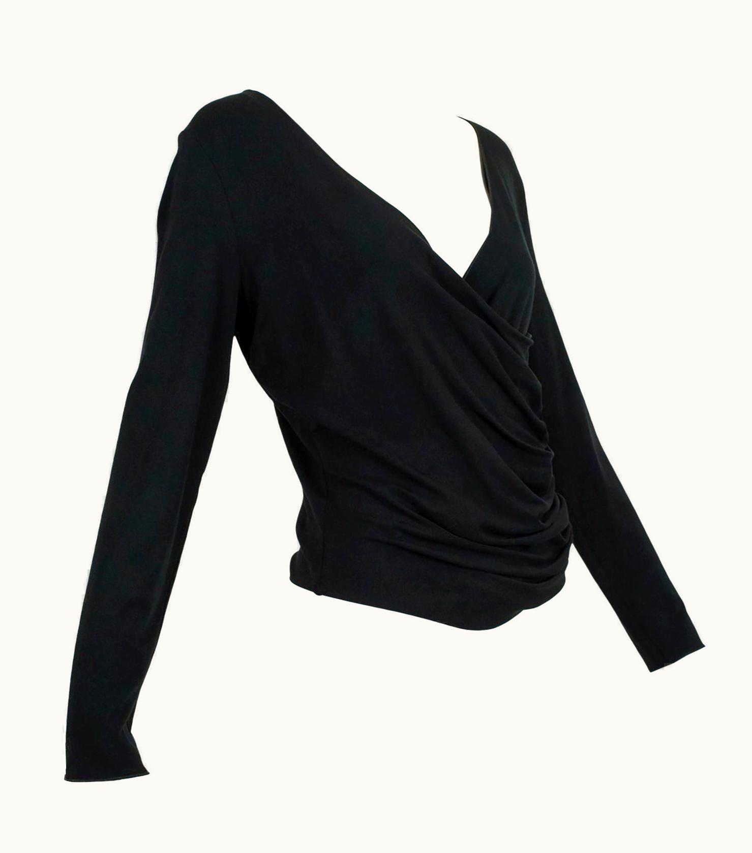 Armani Collezioni Black Jersey Plunging Criss-Cross Wrap Pullover Top