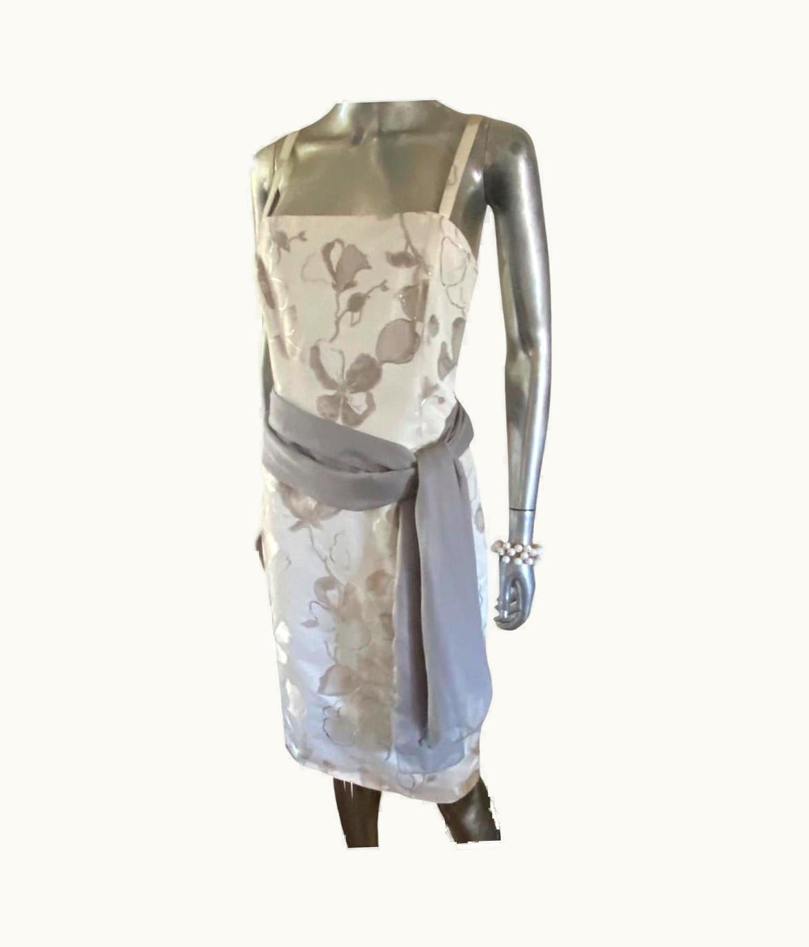 Giorgio Armani Giorgio Armani Collezione Silver Floral Sheath Cocktail Dress & Scarf