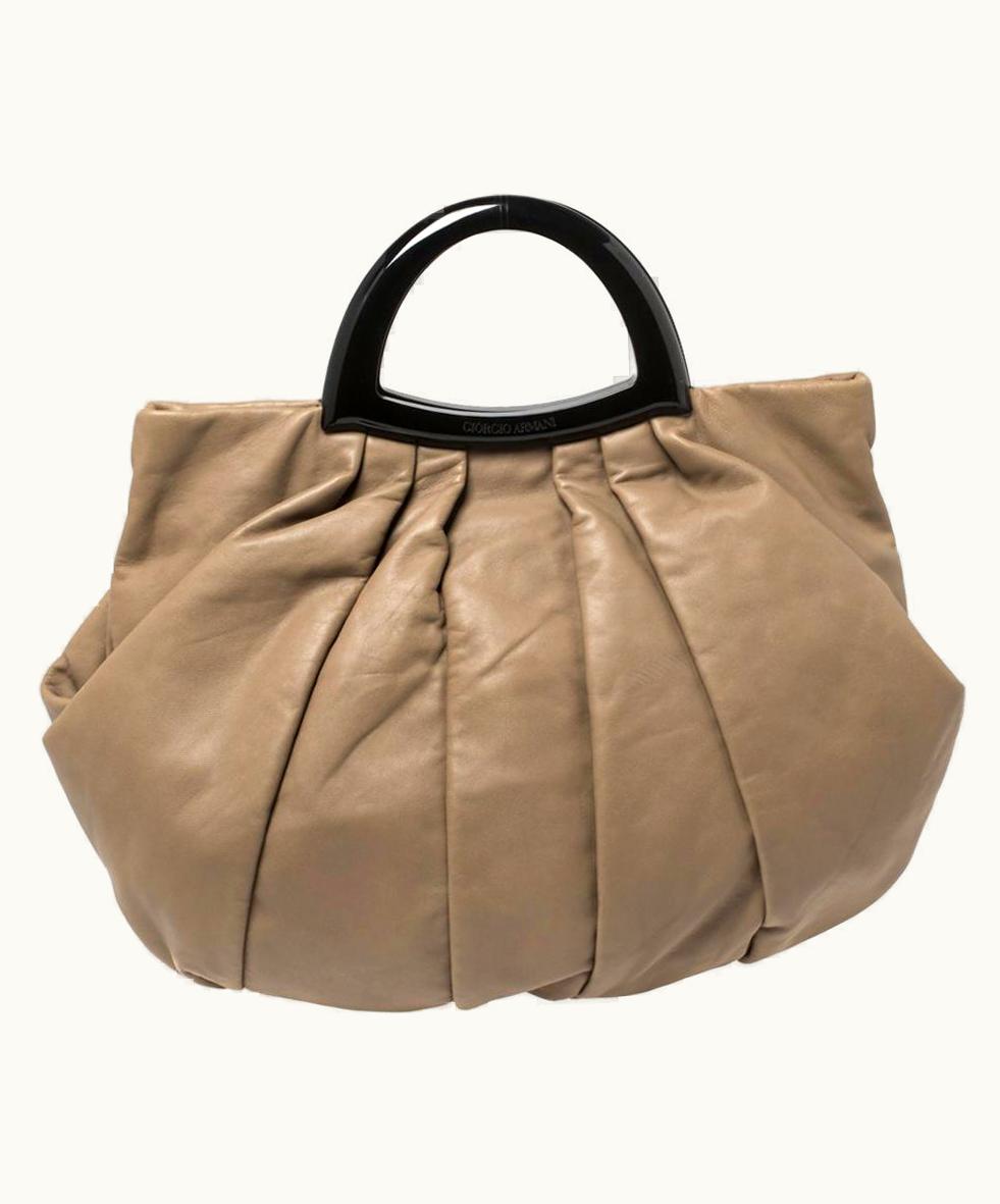 Giorgio Armani Giorgio Armani Taupe Leather Pleated Top Handle Bag