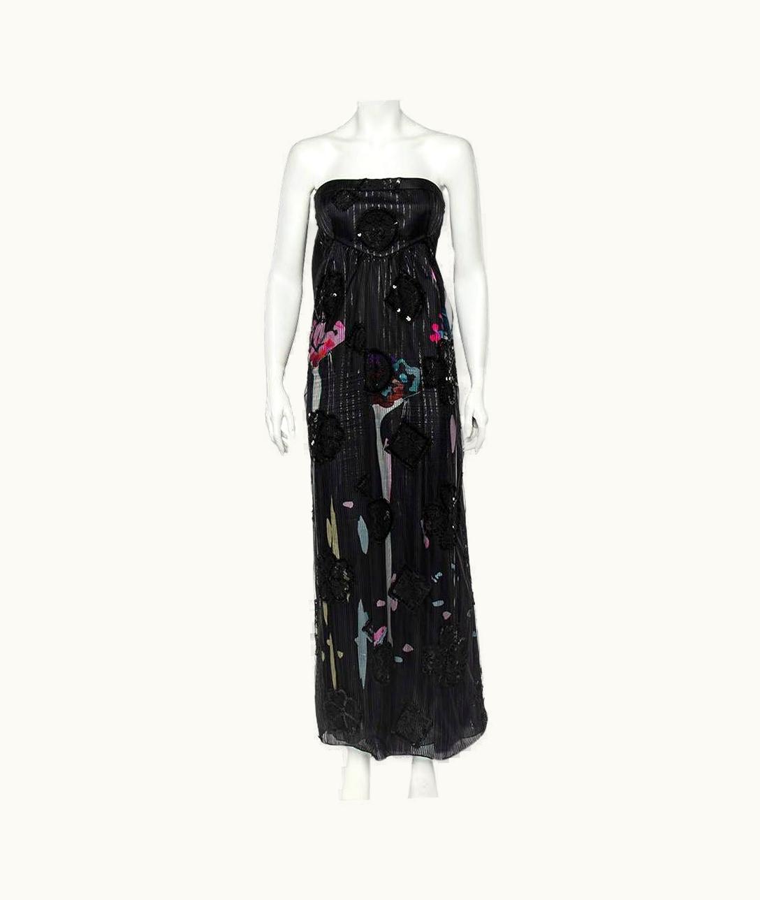 Giorgio Armani Giorgio Armani Black Printed Silk Tulle Scarf Detail Strapless Gown