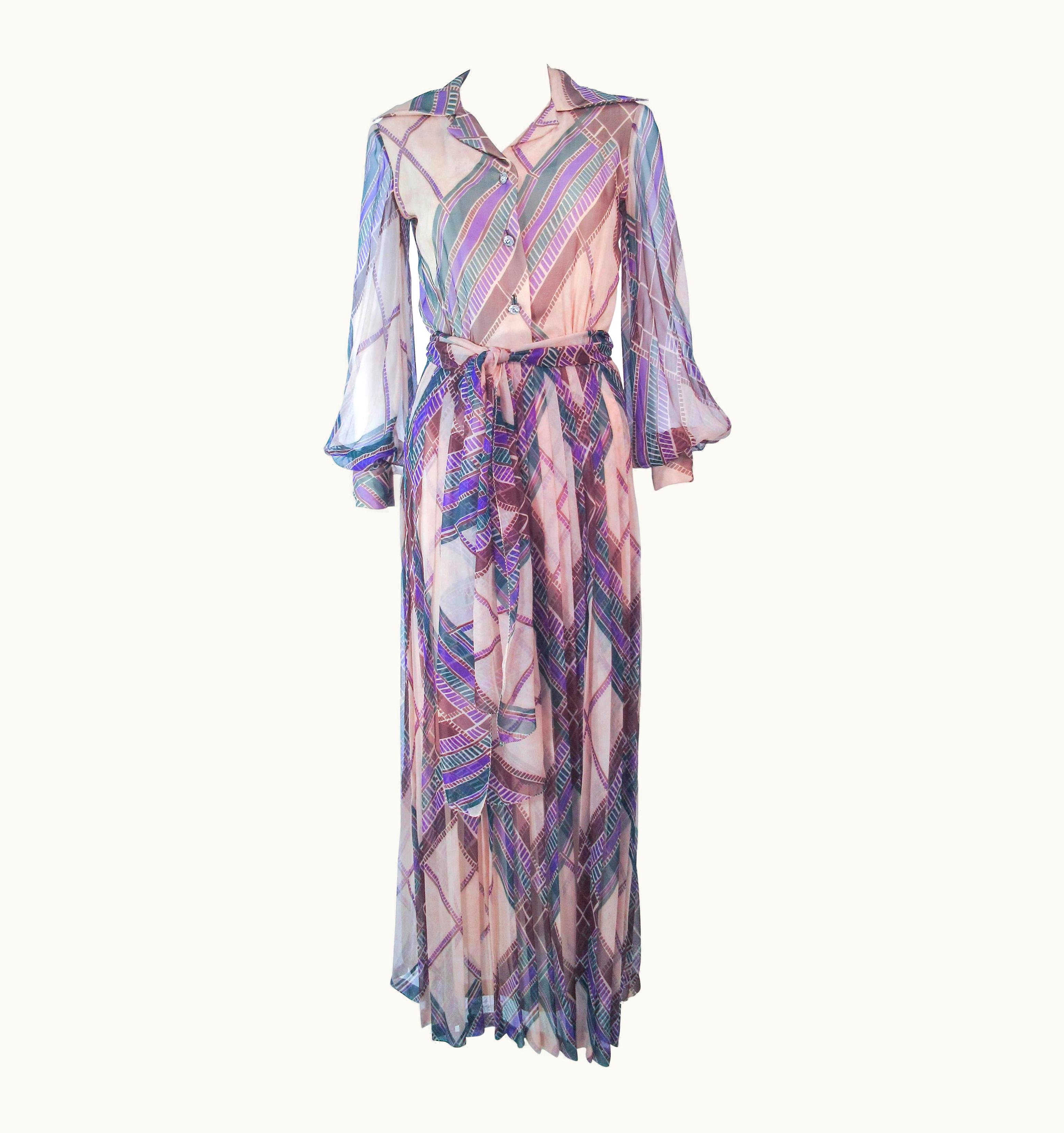 Valentino Valentino Vintage Silk Chiffon Abstract Long Sleeve Maxi Dress, 1970s