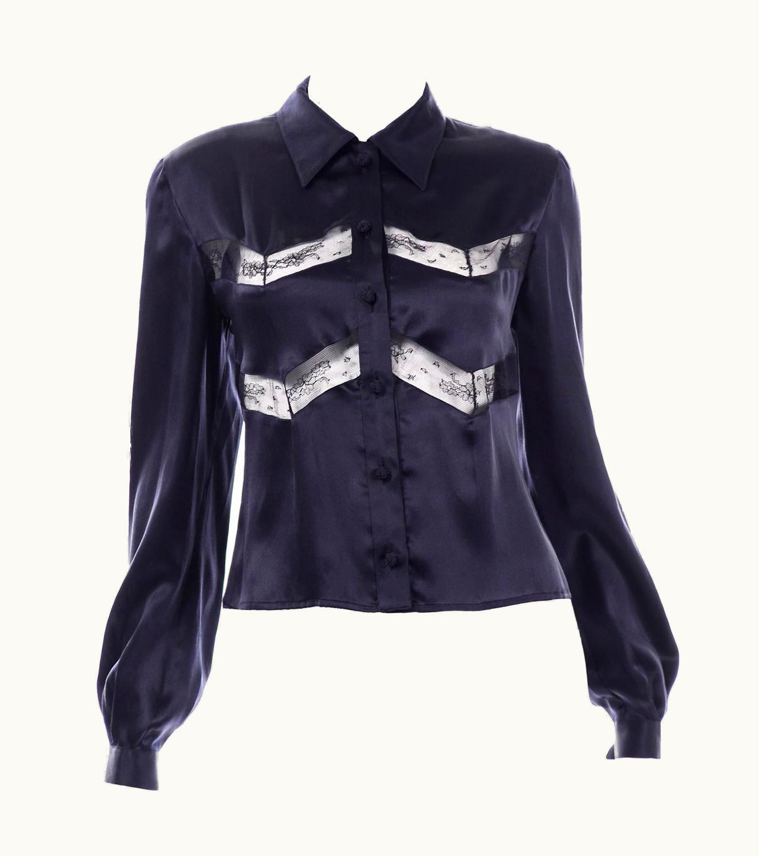 Valentino Vintage Midnight Blue Luxe Silk Valentino Blouse With Sheer Lace Inserts