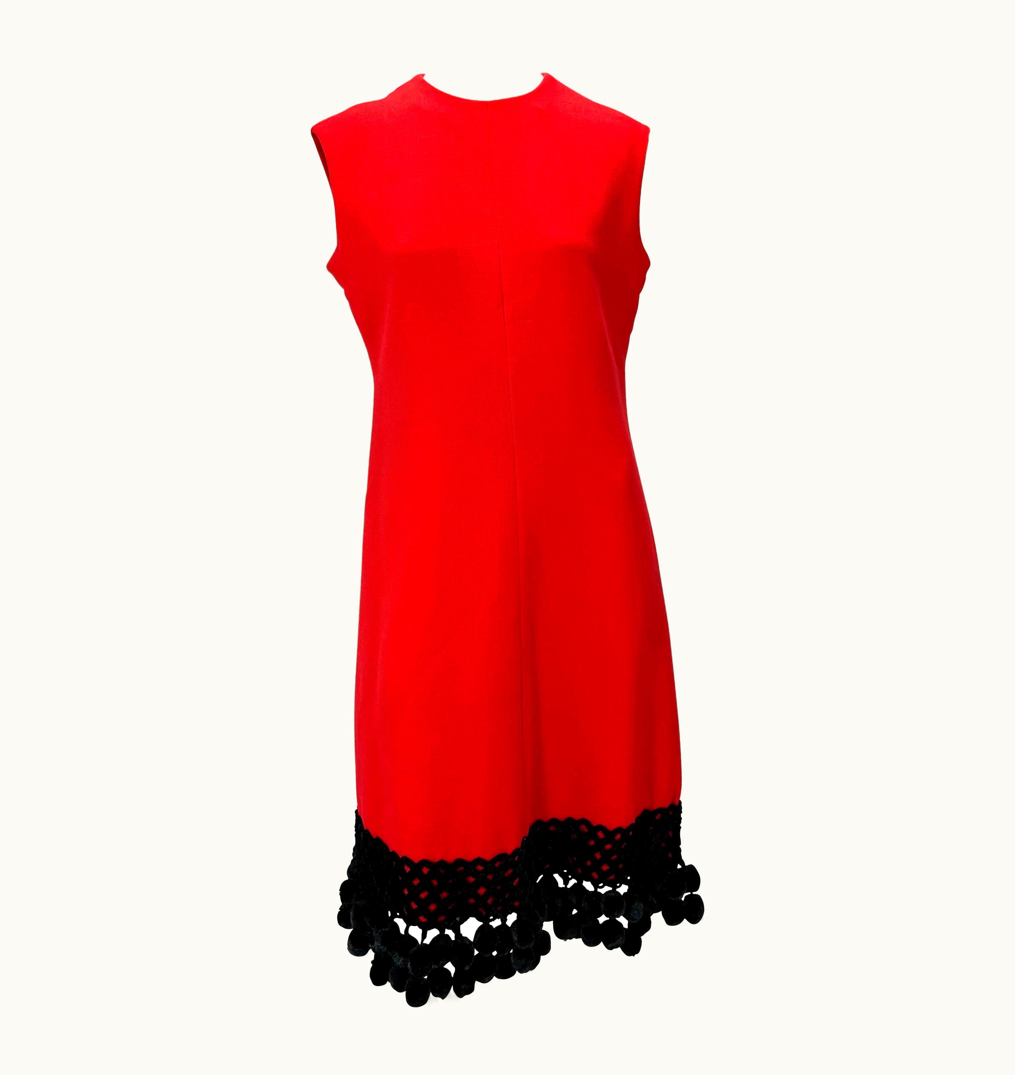 Valentino 1970s Valentino Garavani Red Wool Black Wool Pom Dress