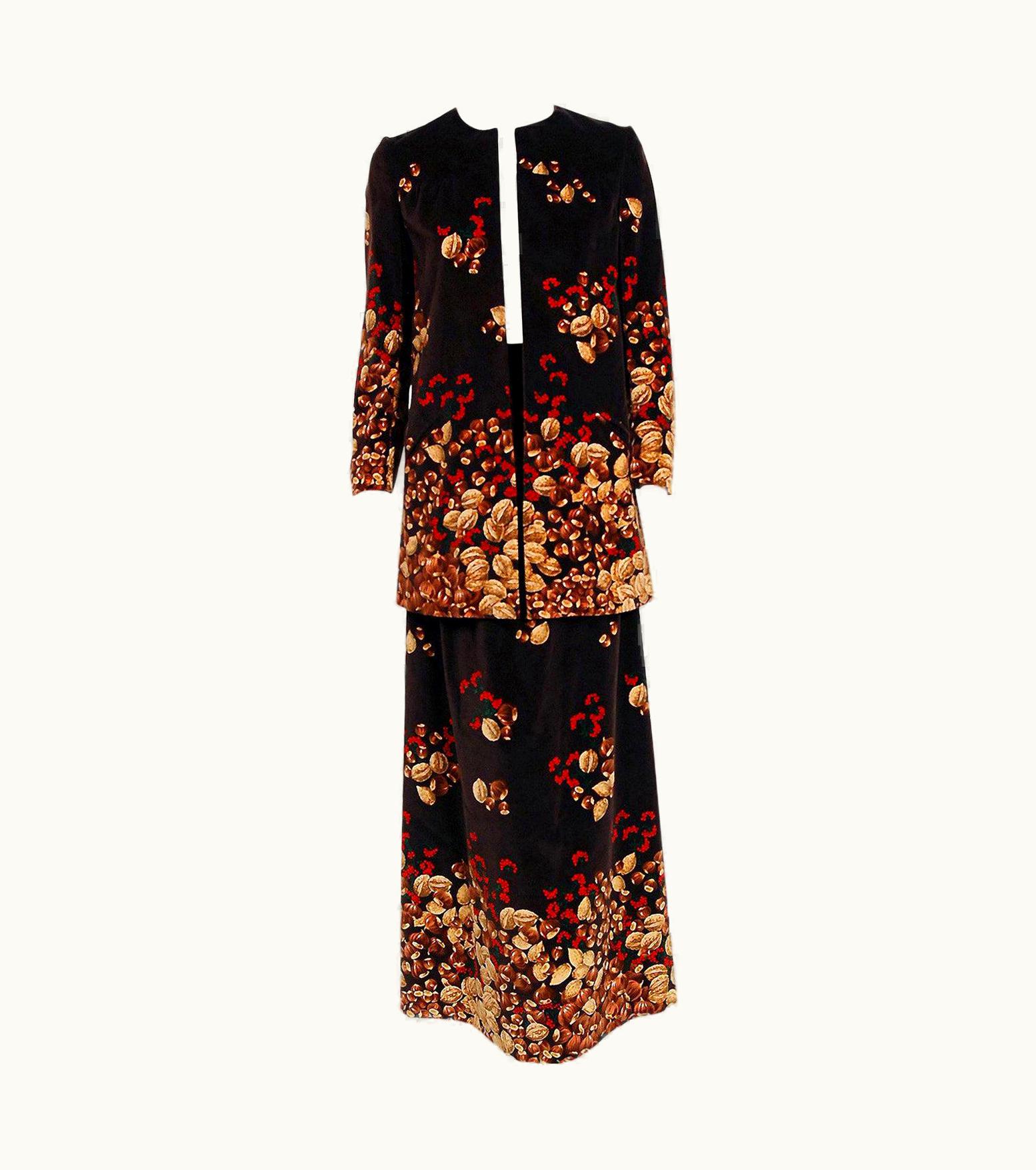 Valentino Vintage 1977 Valentino Novelty Acorn Print Velvet Swing Jacket & Maxi Skirt Set