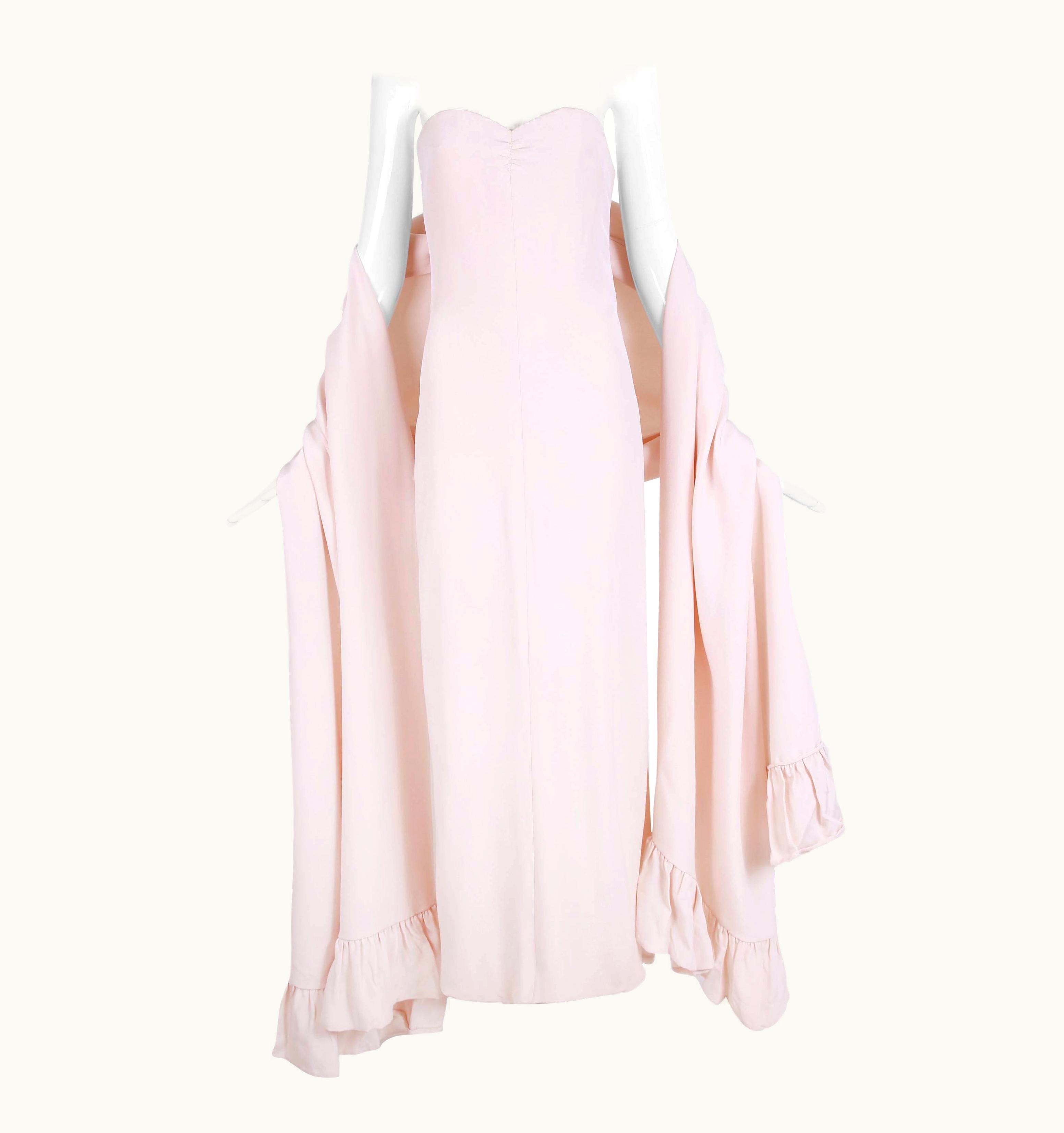 Valentino Attributed To Valentino Strapless Silk Evening Gown With Side Slit & Shawl 1970s