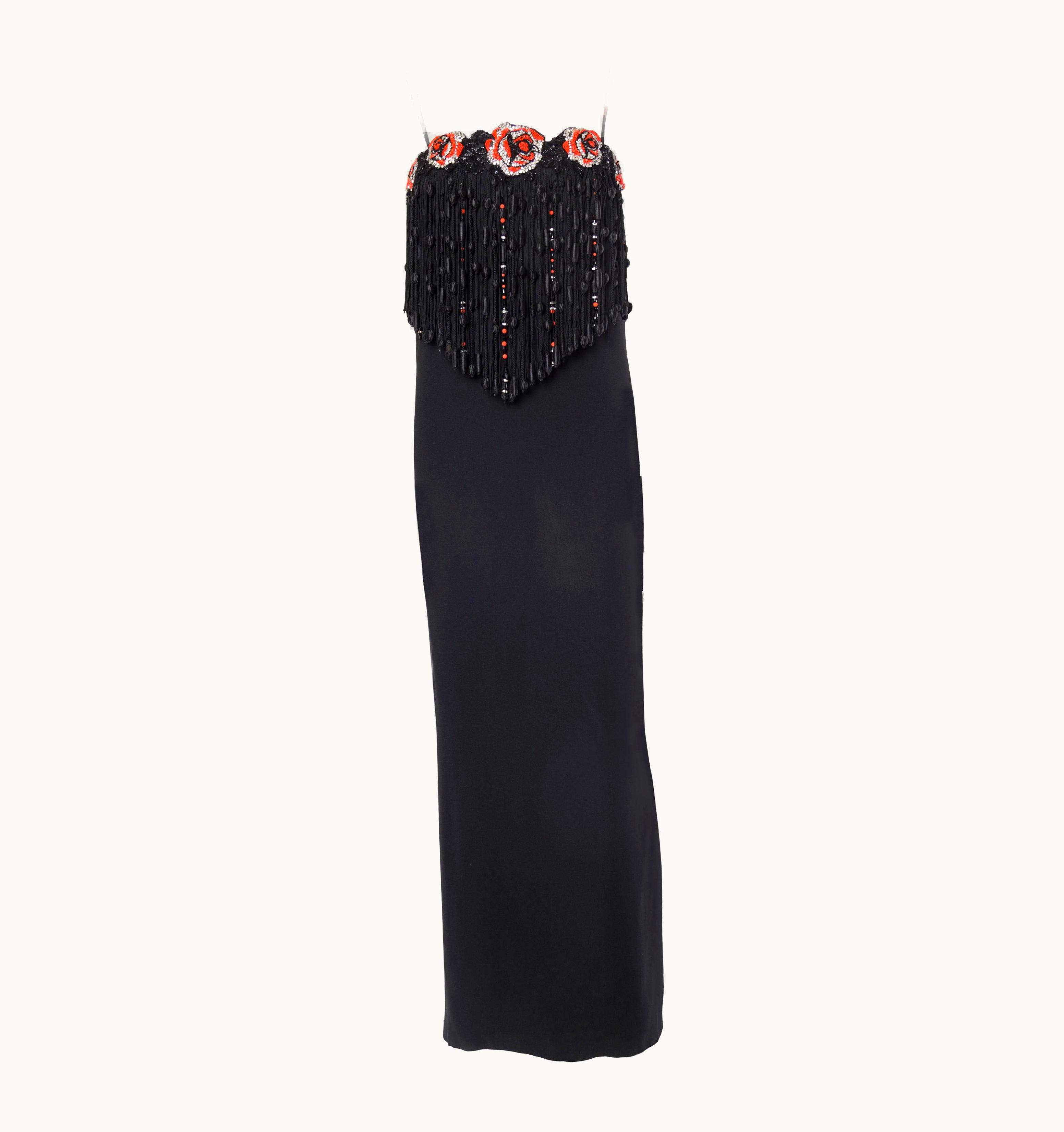 Valentino 1970s Valentino Black Silk Crepe Gown With Beaded Crystal Roses & Epic Passemen