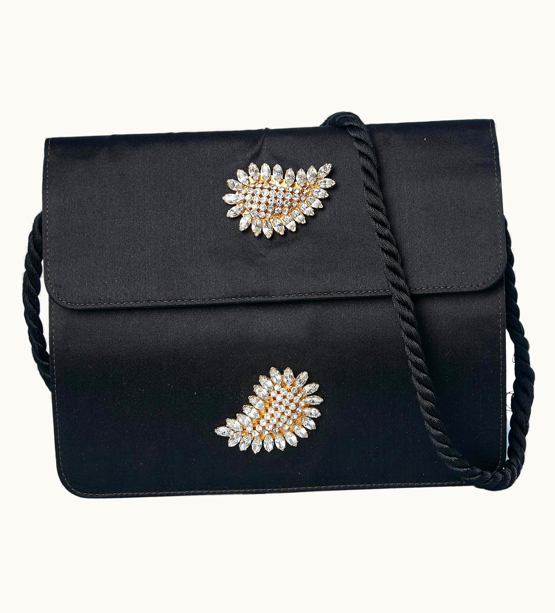 Valentino Black Satin Evening Bag With Rhinestone Broches Valentino Circa 1970'