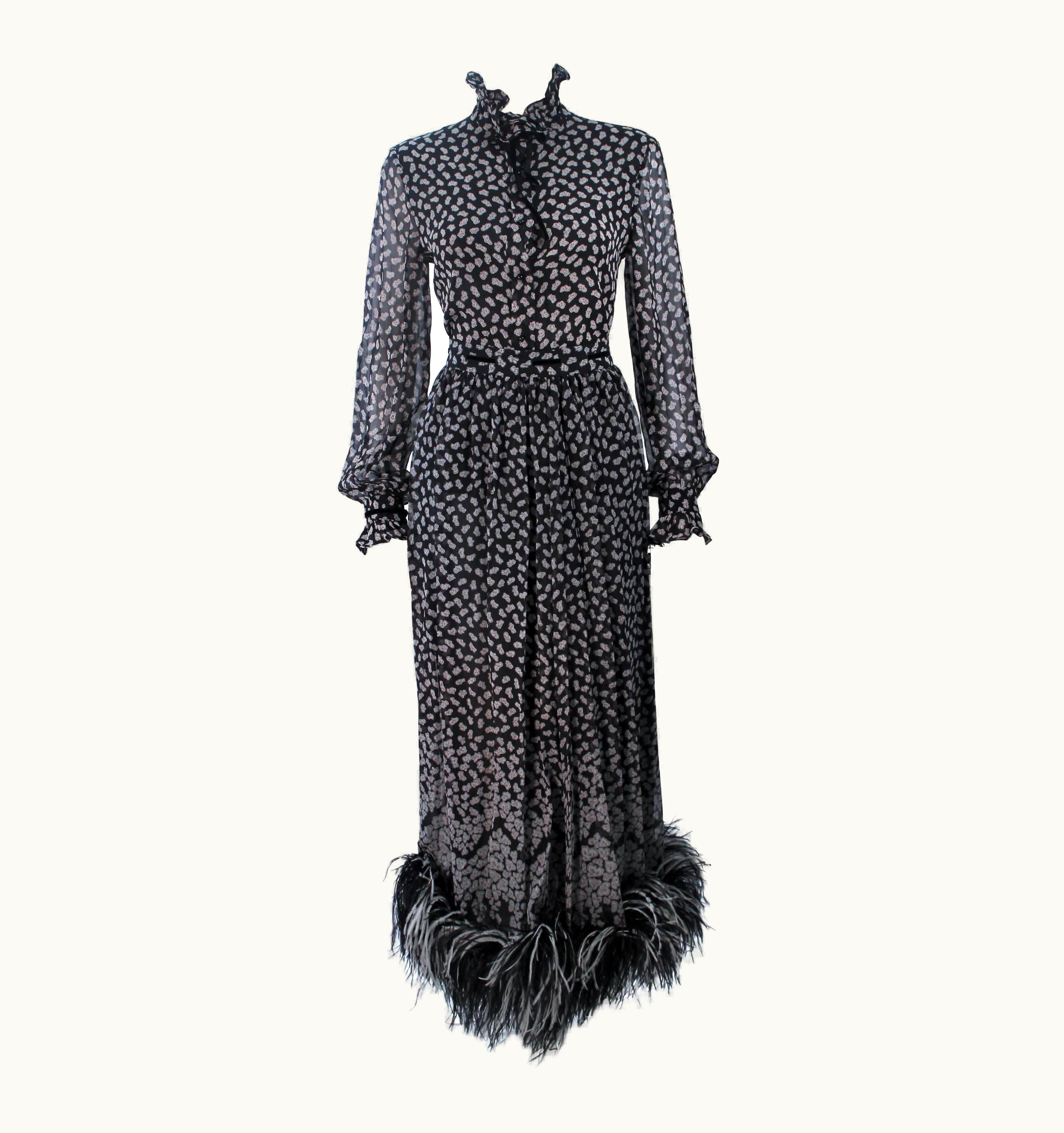 Valentino Valentino Attributed Black & White Feather Trim Floral Print Silk Skirt Set