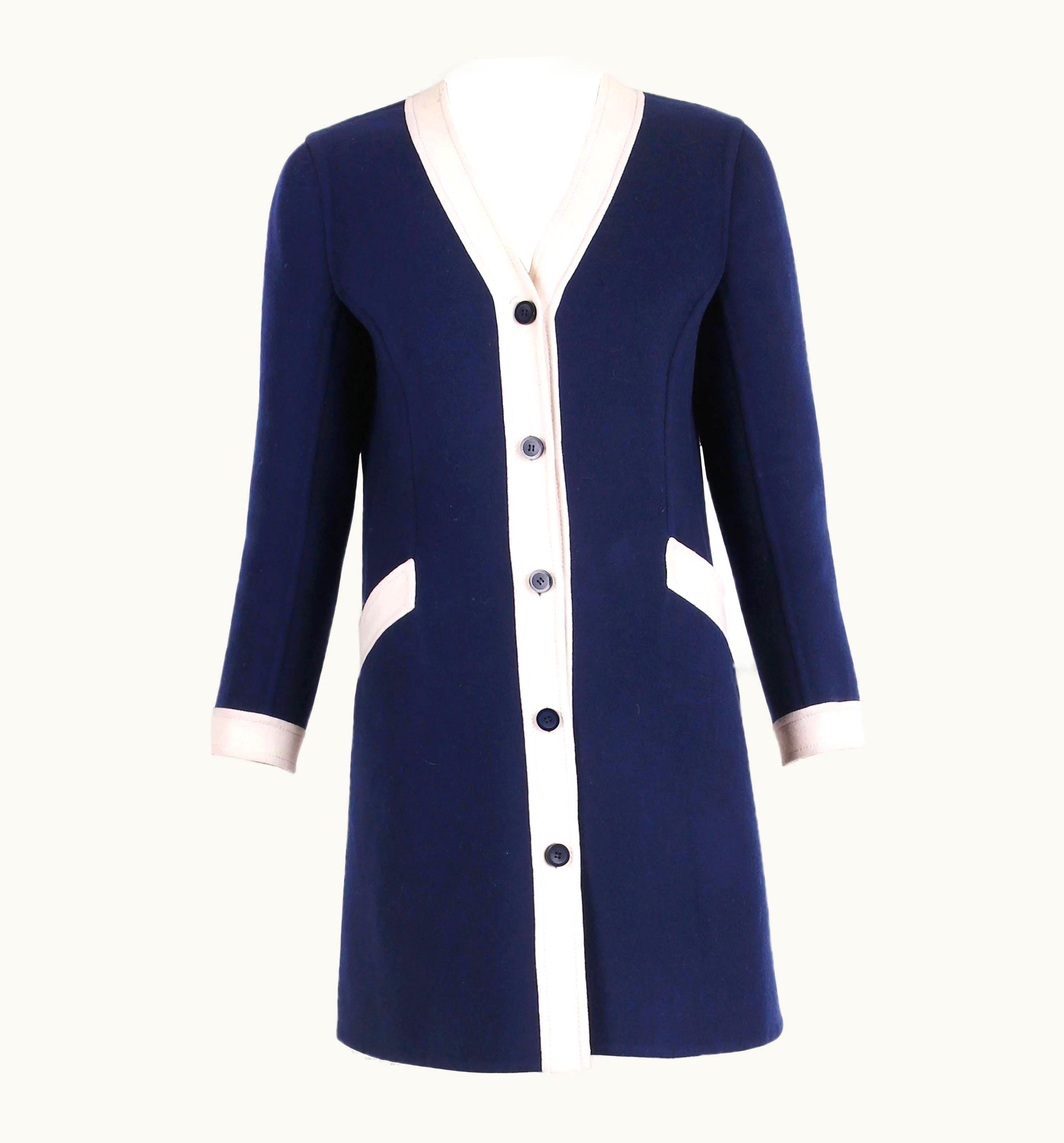 Valentino 1970' Valentino Navy Melton Wool Coat Dress W/White Trim & Frontal Pockets