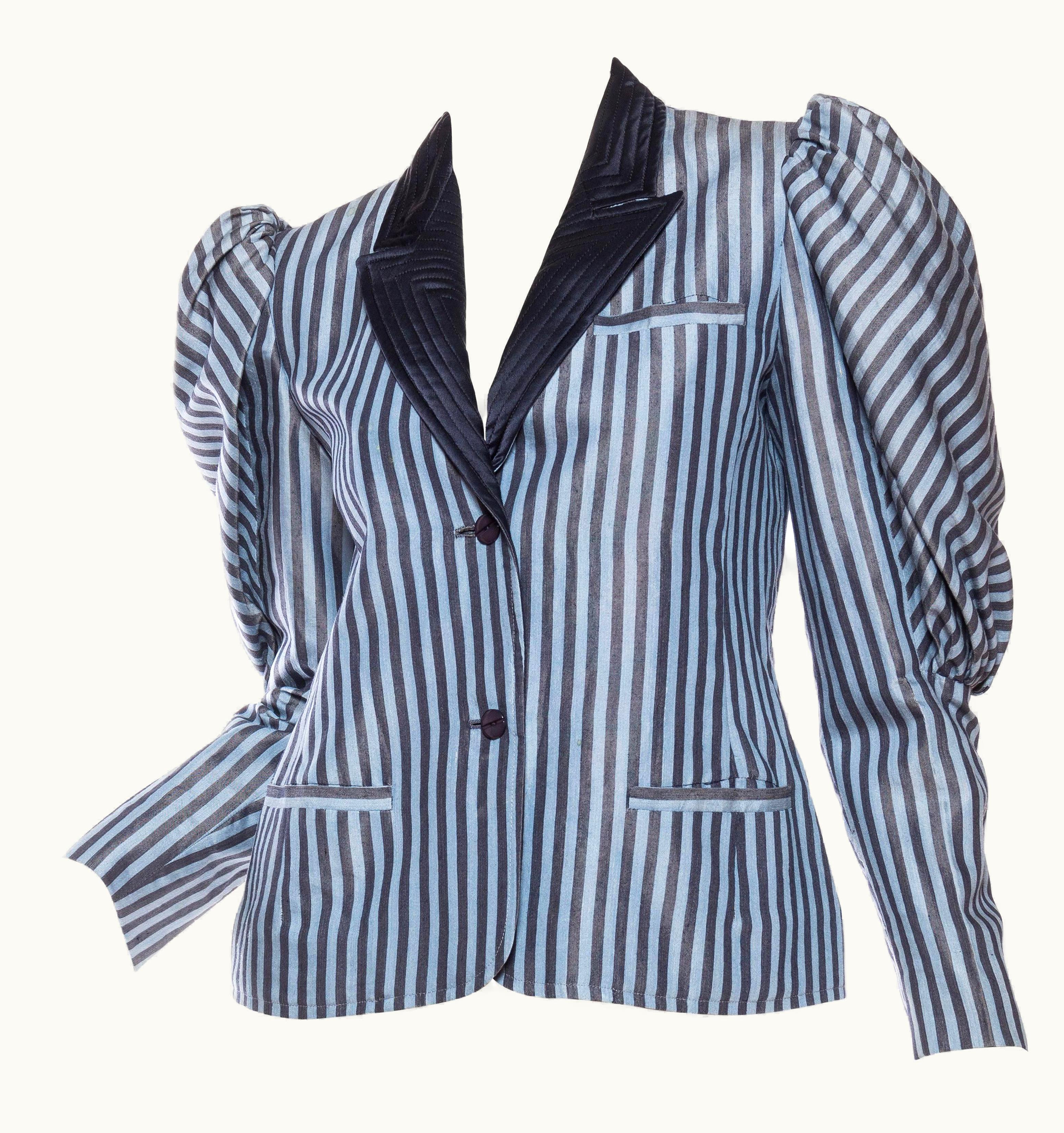 Valentino 1970s Valentino Baby Blue Striped Silk Victorian Inspired Blazer Jacket