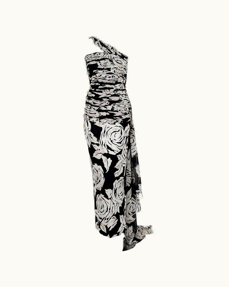 Valentino 1979 Valentino Black & White Roses Floral Draped Silk One-Shoulder Trained Gown