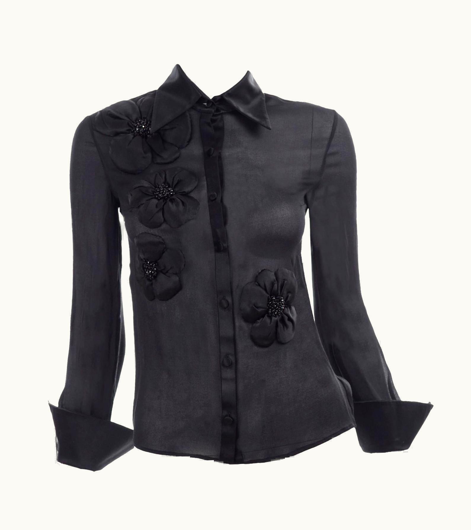Valentino Valentino Black Sheer Chiffon Blouse With Beaded Silk Floral Appliques