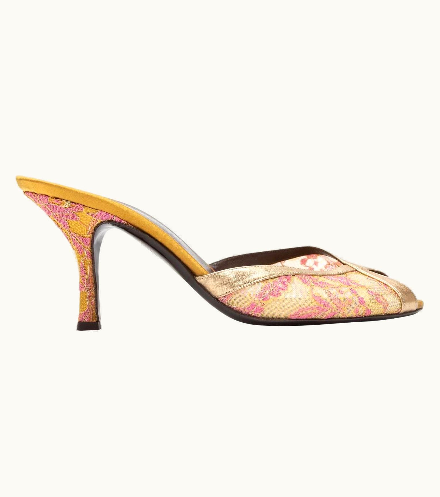 Valentino Valentino Gold & Pink Lace & Leather Heeled Sandals