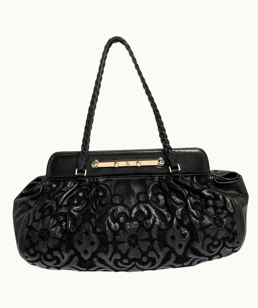 Valentino Valentino Black Leather Floral Embroidered Frame Satchel UZ0610787