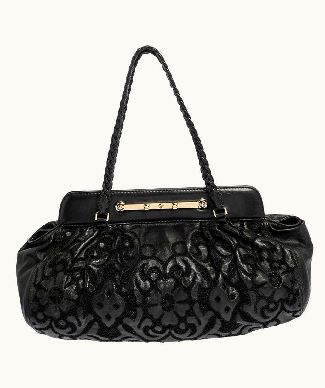 Valentino Valentino Black Leather Floral Embroidered Frame Satchel UZ0610821