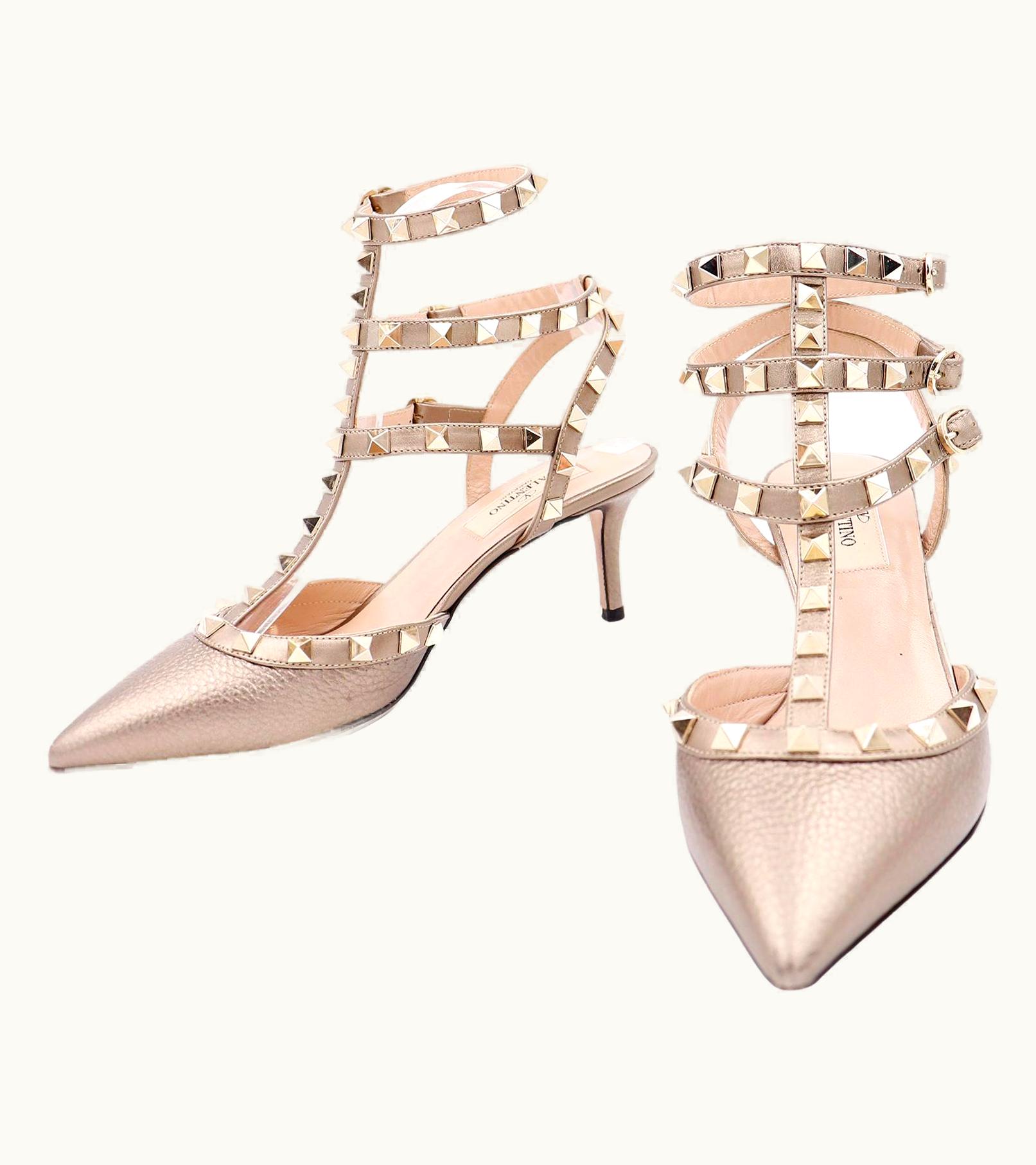 Valentino Valentino Rockstud Cage Triple Strap Bronze Leather Shoes