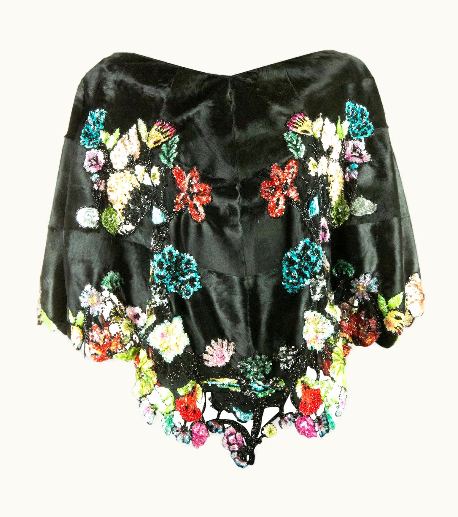 Valentino Valentino Black Broadtail Fur Shawl With Beaded Embroidery