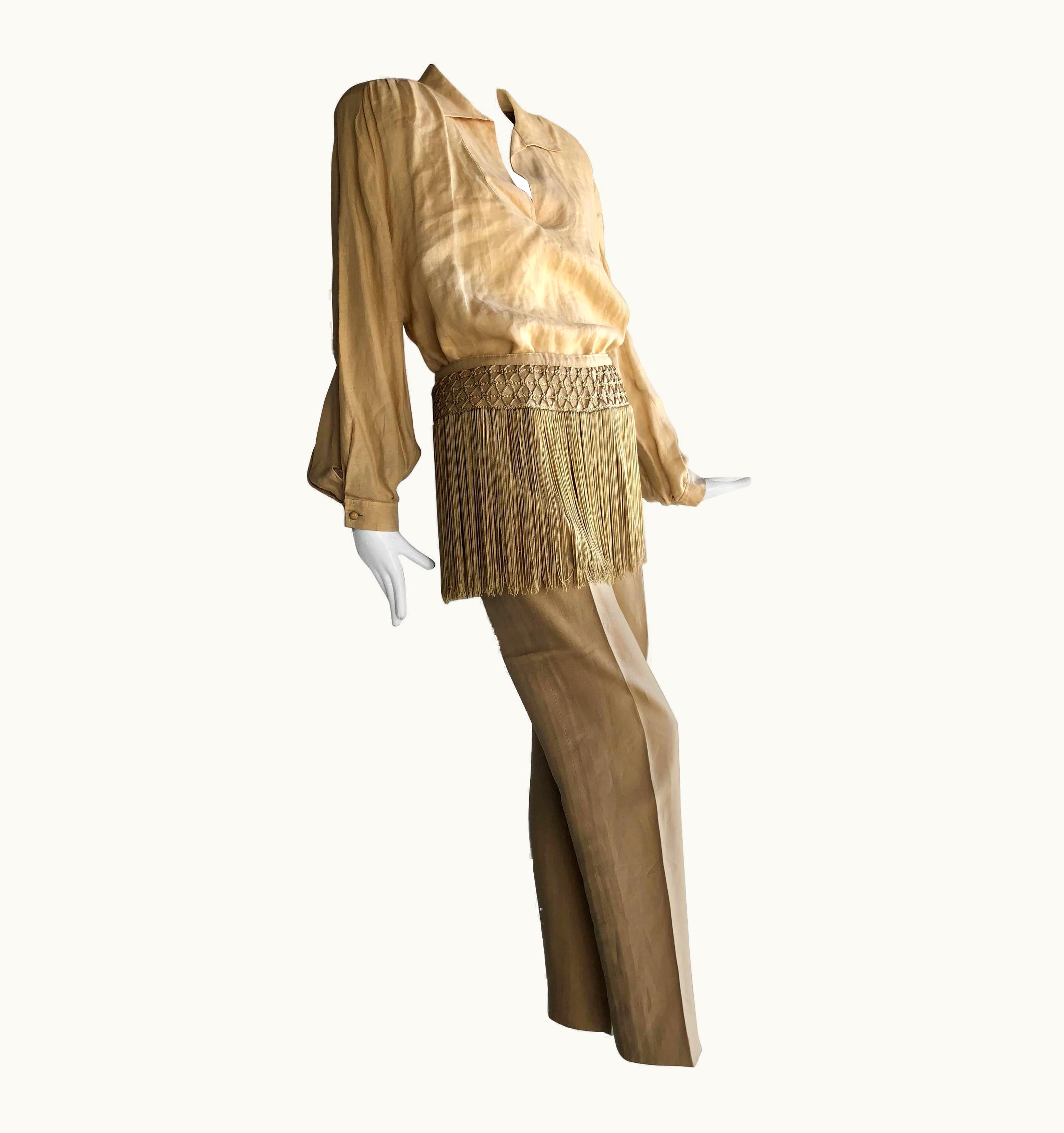 Valentino 1980s Valentino Parchment Linen & Fringe Capri Pant & Tunic
