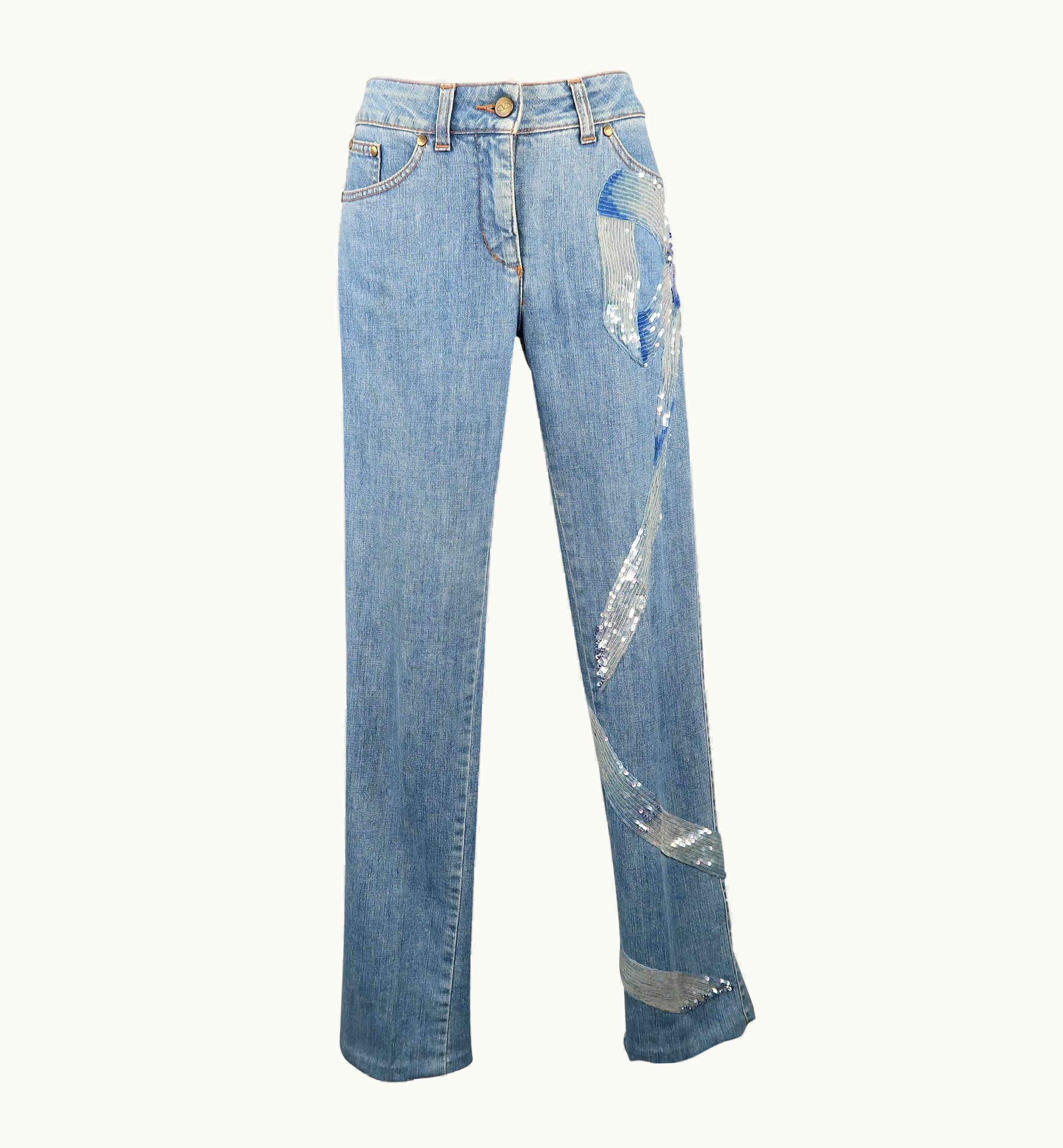 Valentino Valentino Light Wash Blue Beaded Sequin Bow Jeans