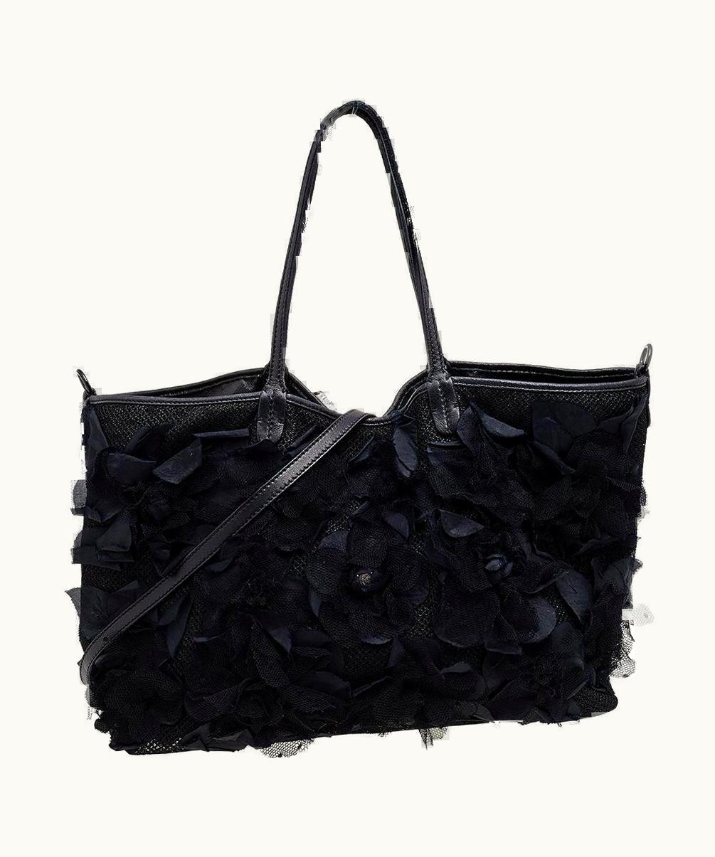 Valentino Valentino Black Mesh And Leather Floral Applique Tote