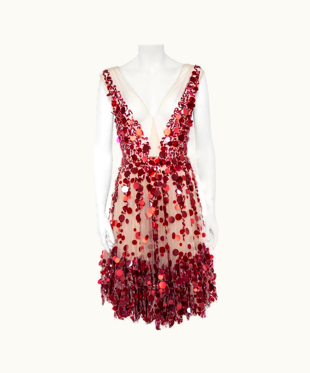 Valentino Valentino Cream & Red Paillette Embellished Tulle Dress