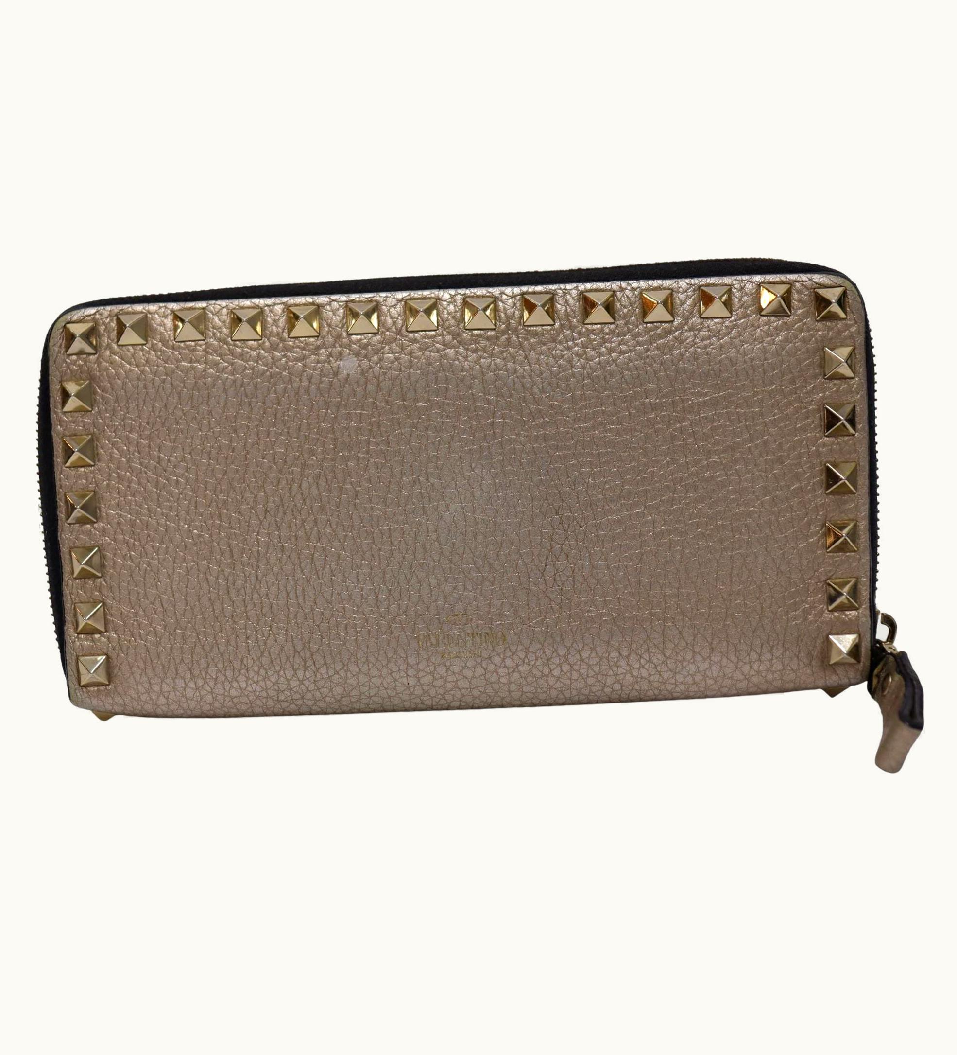 Valentino Valentino Metallic Grained Leather Rockstud Zip Around Wallet