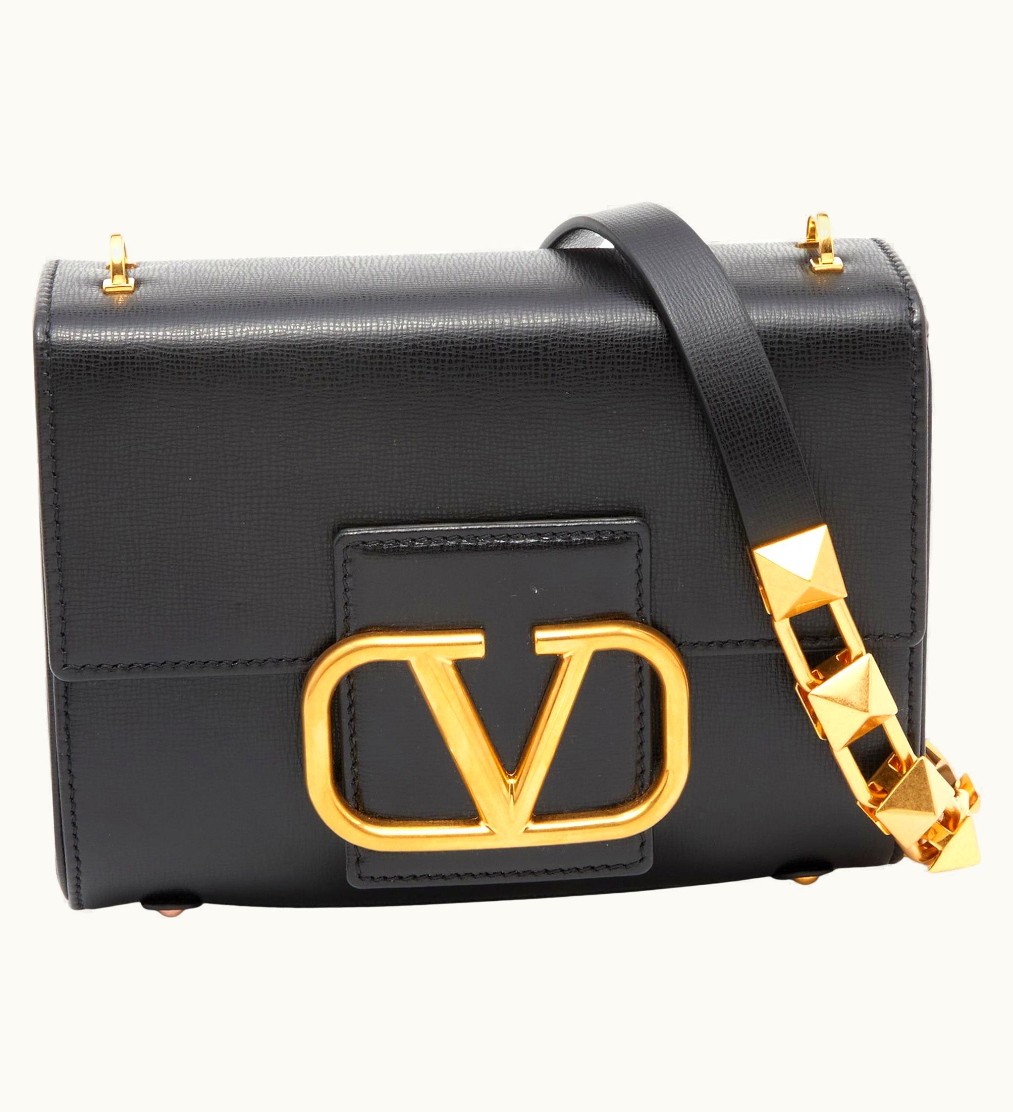 Valentino Valentino Black Leather Stud Sign Flap Shoulder Bag