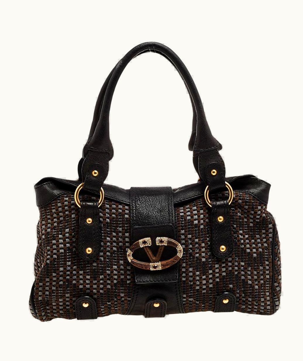 Valentino Valentino Black Leather And Fabric VLogo Flap Tote