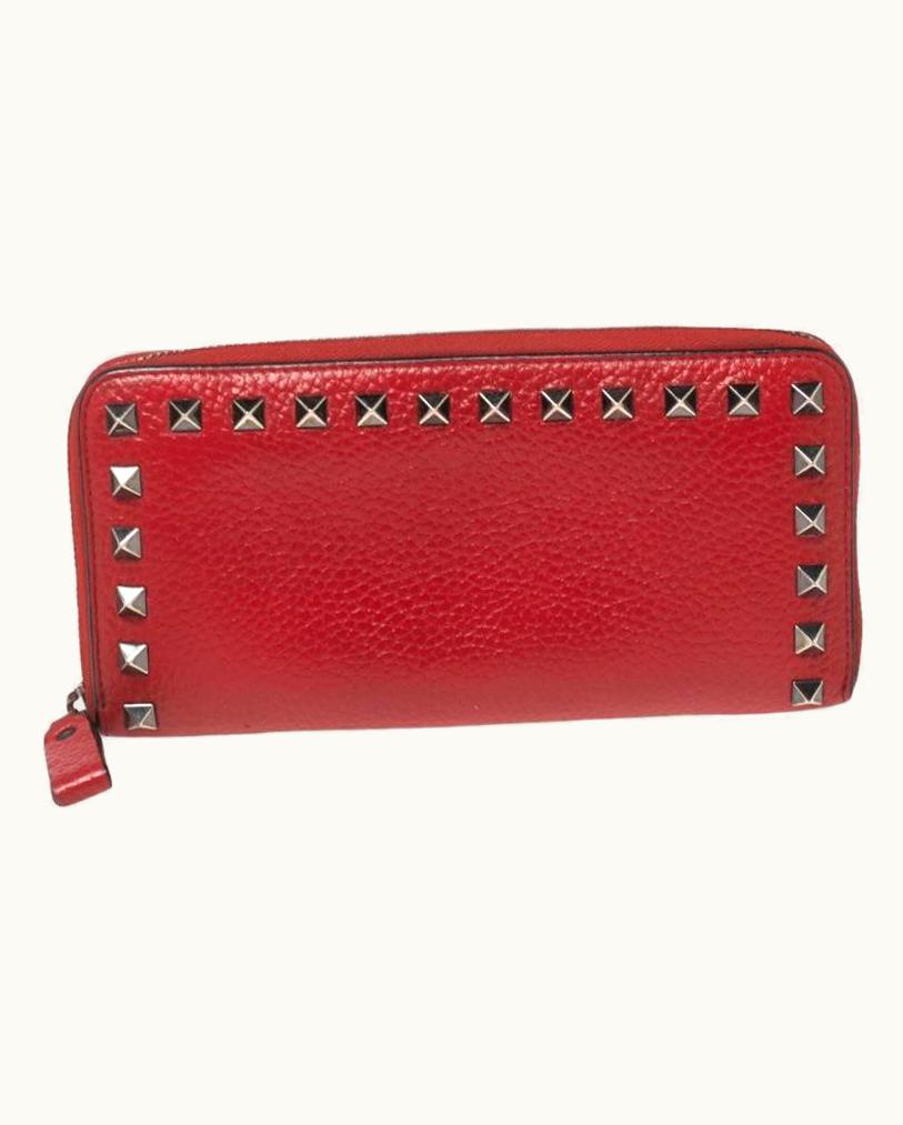 Valentino Valentino Red Grained Leather Rockstud Zip Around Wallet