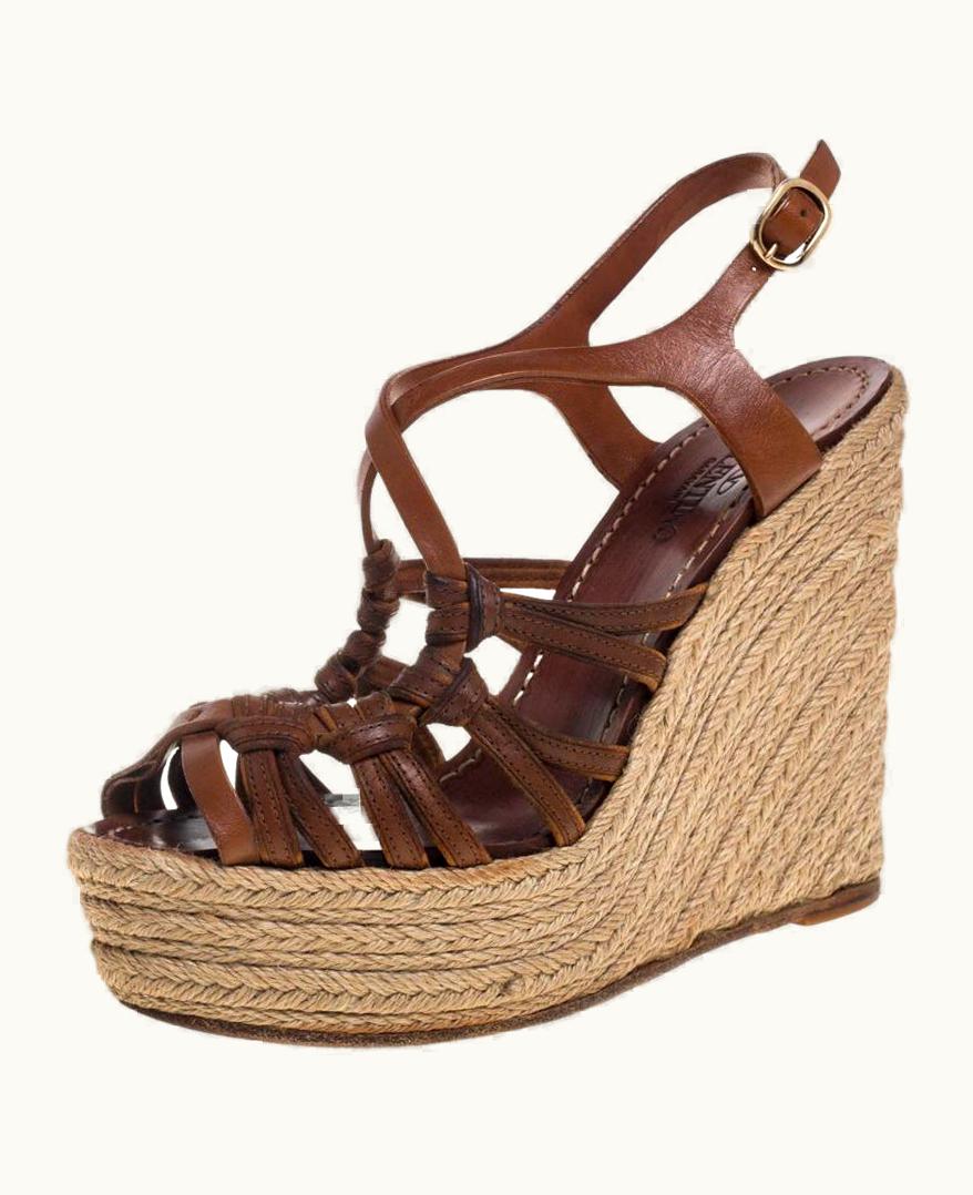 Valentino Valentino Brown Leather Espadrille Wedge Sandals