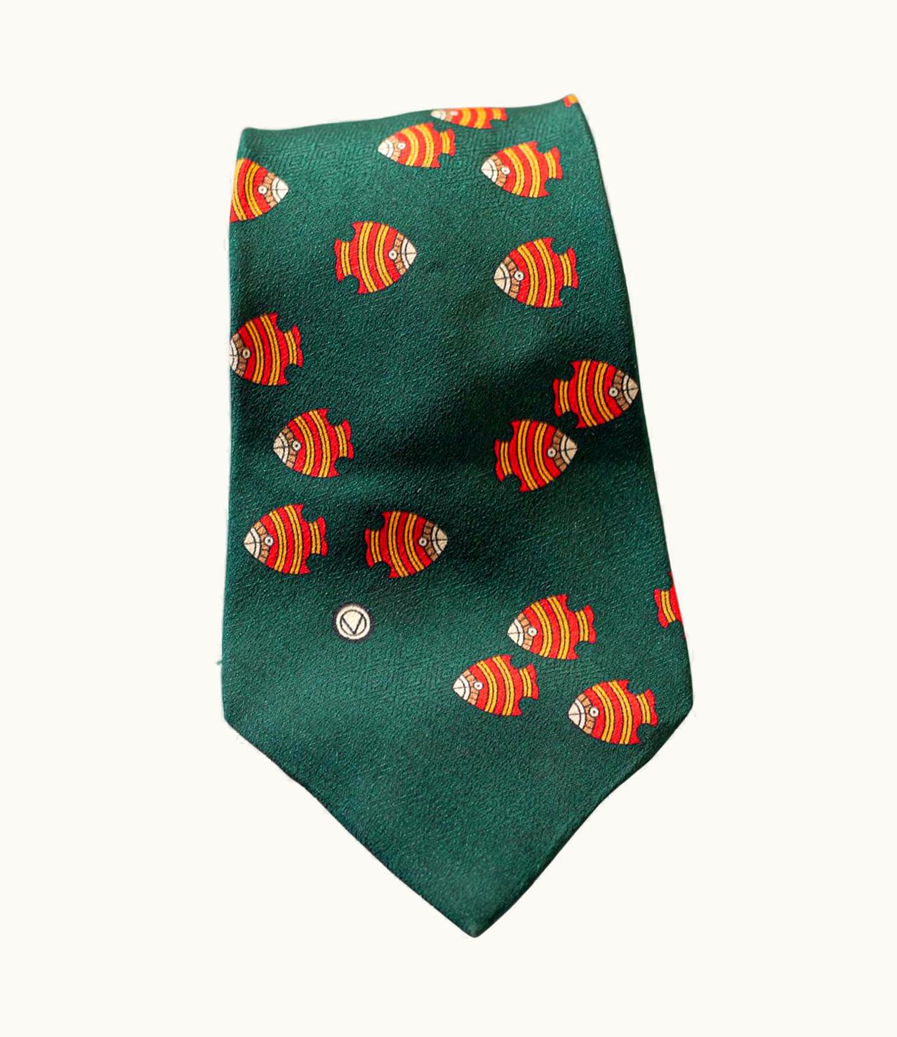 Valentino Vintage Valentino Green Silk Tie With Fish Pattern