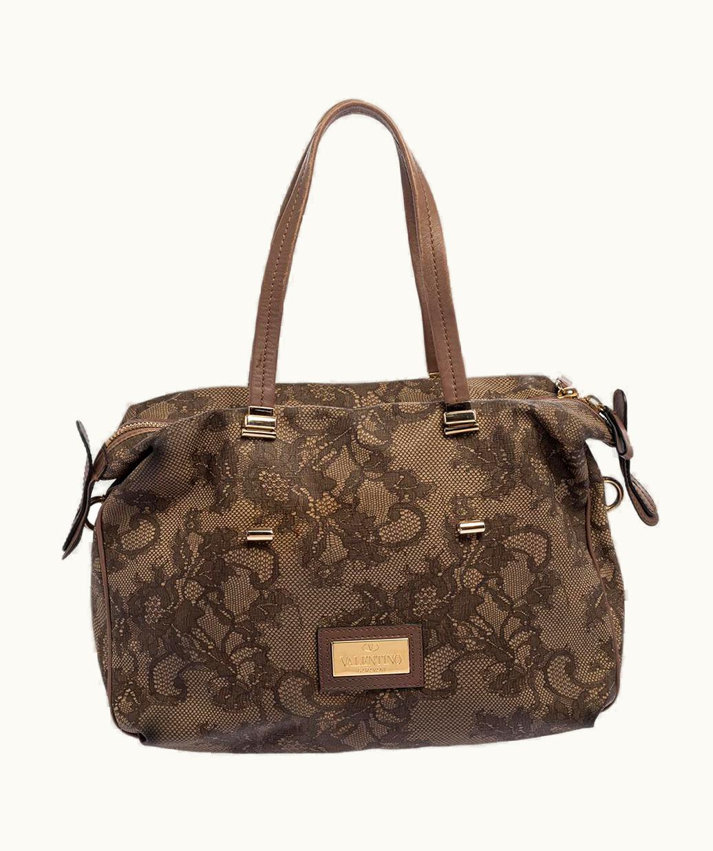 Valentino Valentino Beige Lace Print Coated Canvas Satchel Bag